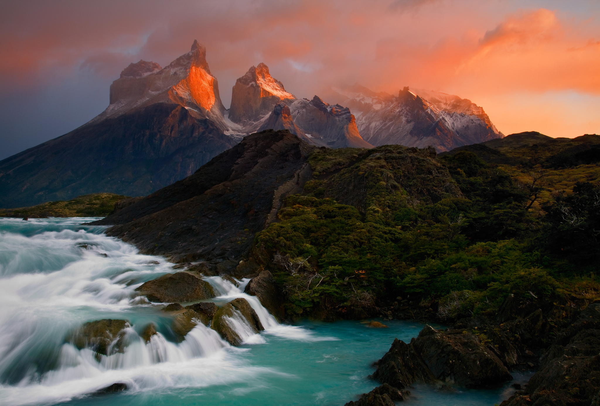 Earth Mountain Waterfall Sunset Patagonia Andes Landscape 2048x1388