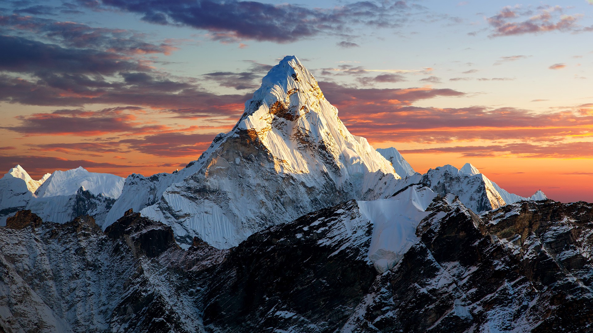 Nature Landscape Far View Mountains Rocks Clouds Sky Sunset Snowy Mountain Mount Everest Nepal 1920x1080