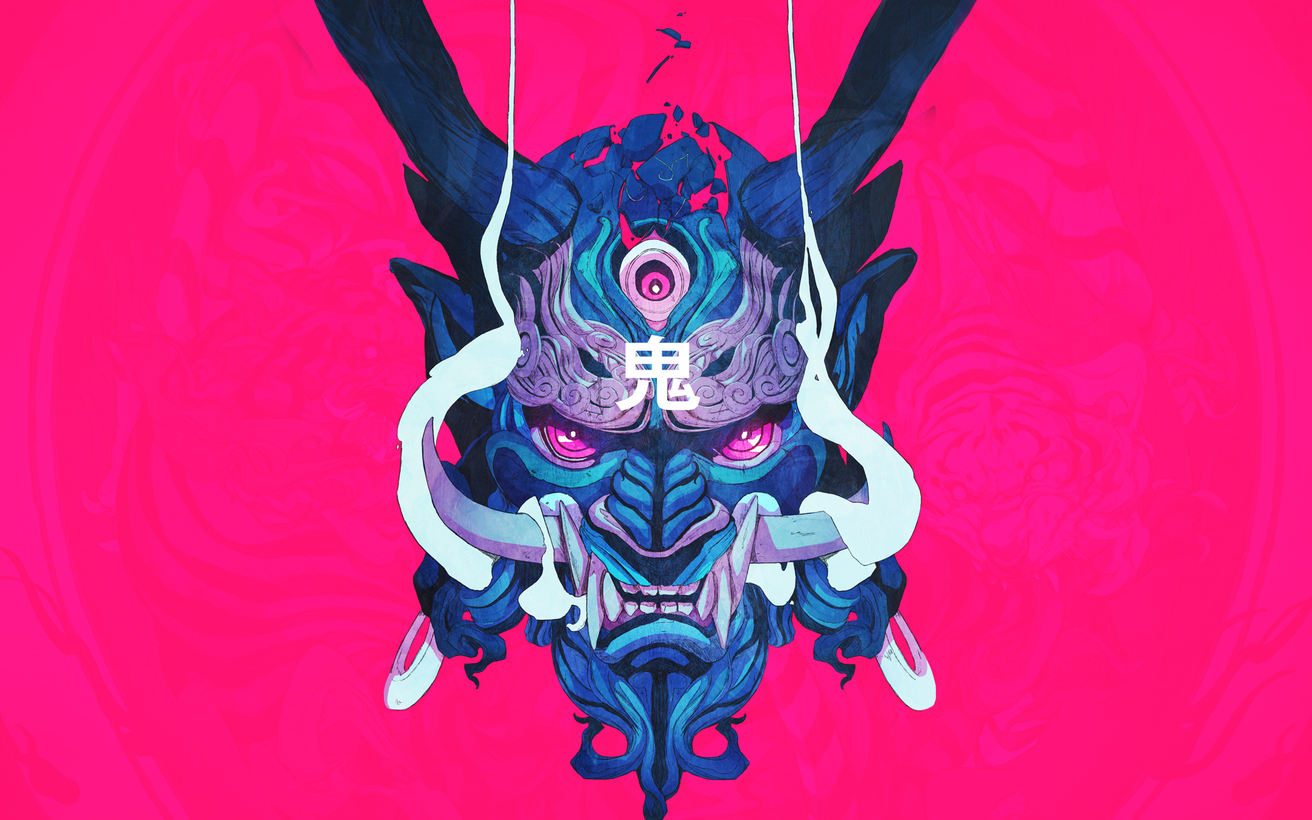 Mask Demon ChunLo Illustration Oni Mask Chun Lo Artwork Pink Blue Looking At Viewer Digital Samurai  2560x1600