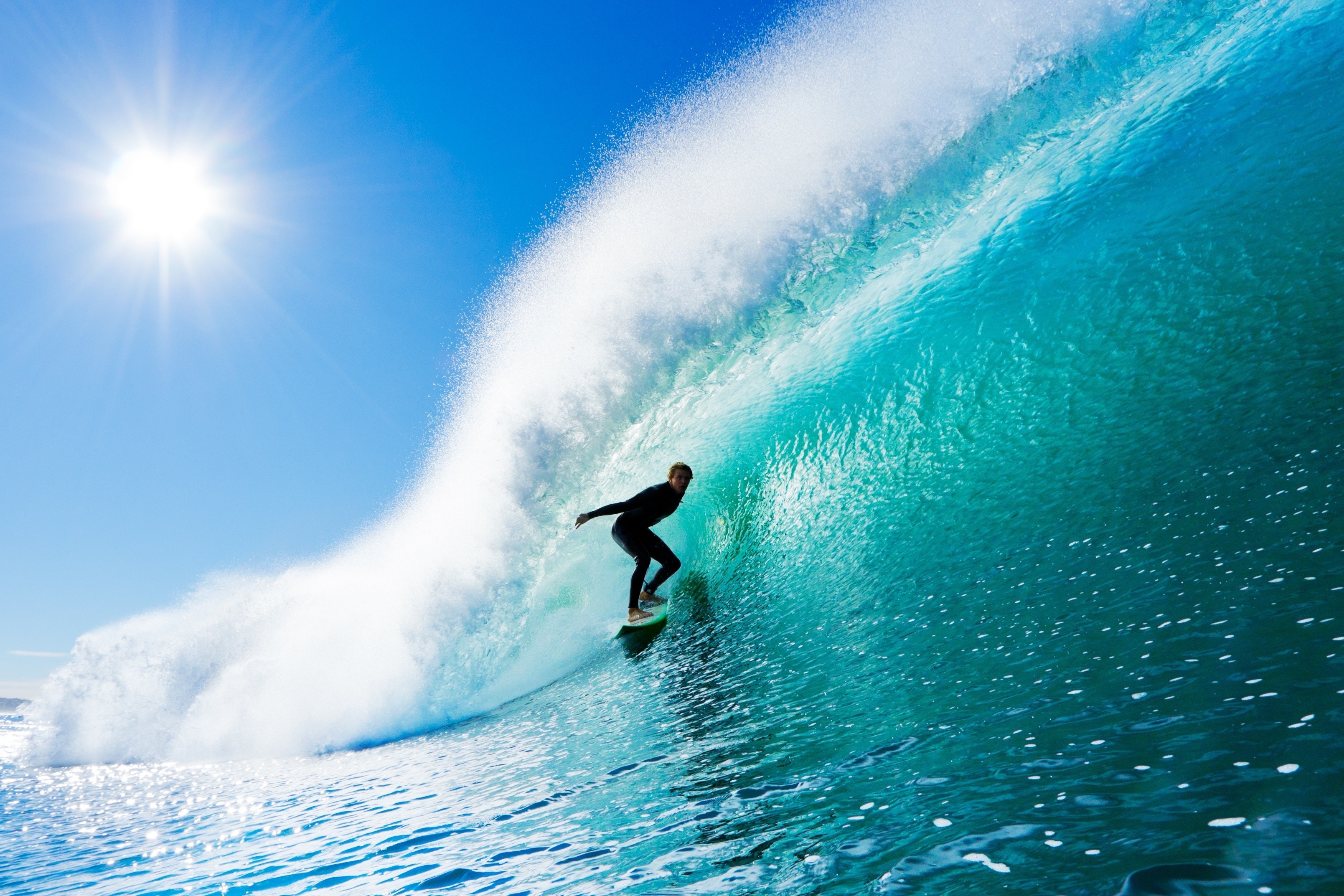 Waves Nature Surfing Surfers Sea Water Cyan Sun Wetsuit Splashes Sky Clear Sky 3217x2145