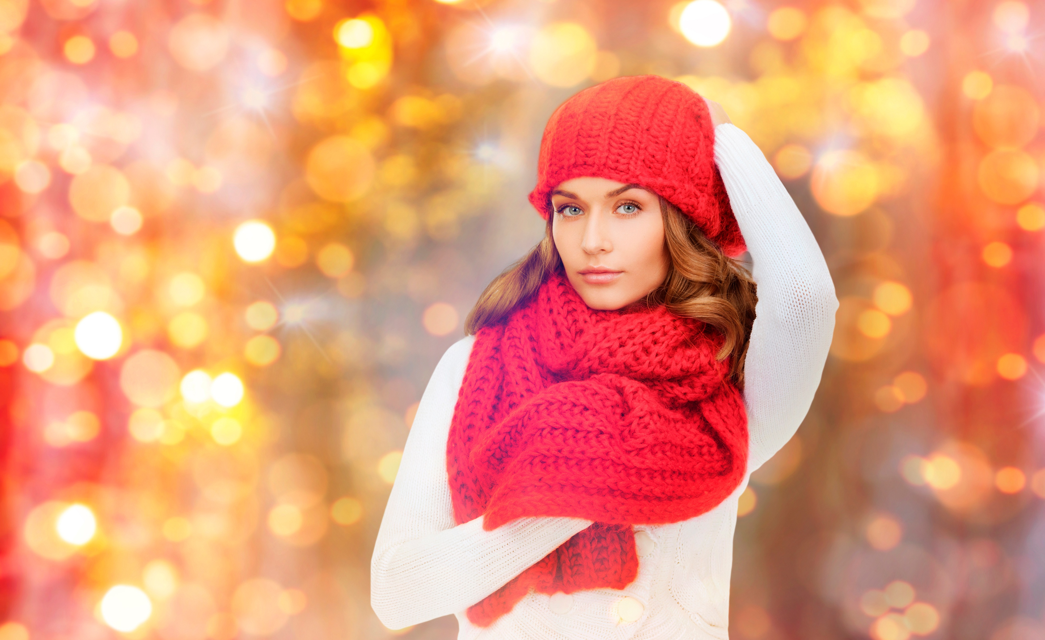 Women Model Redhead Scarf Wool Hat Sweater White Sweater Hands On Head Looking At Viewer Wool Cap 3500x2144