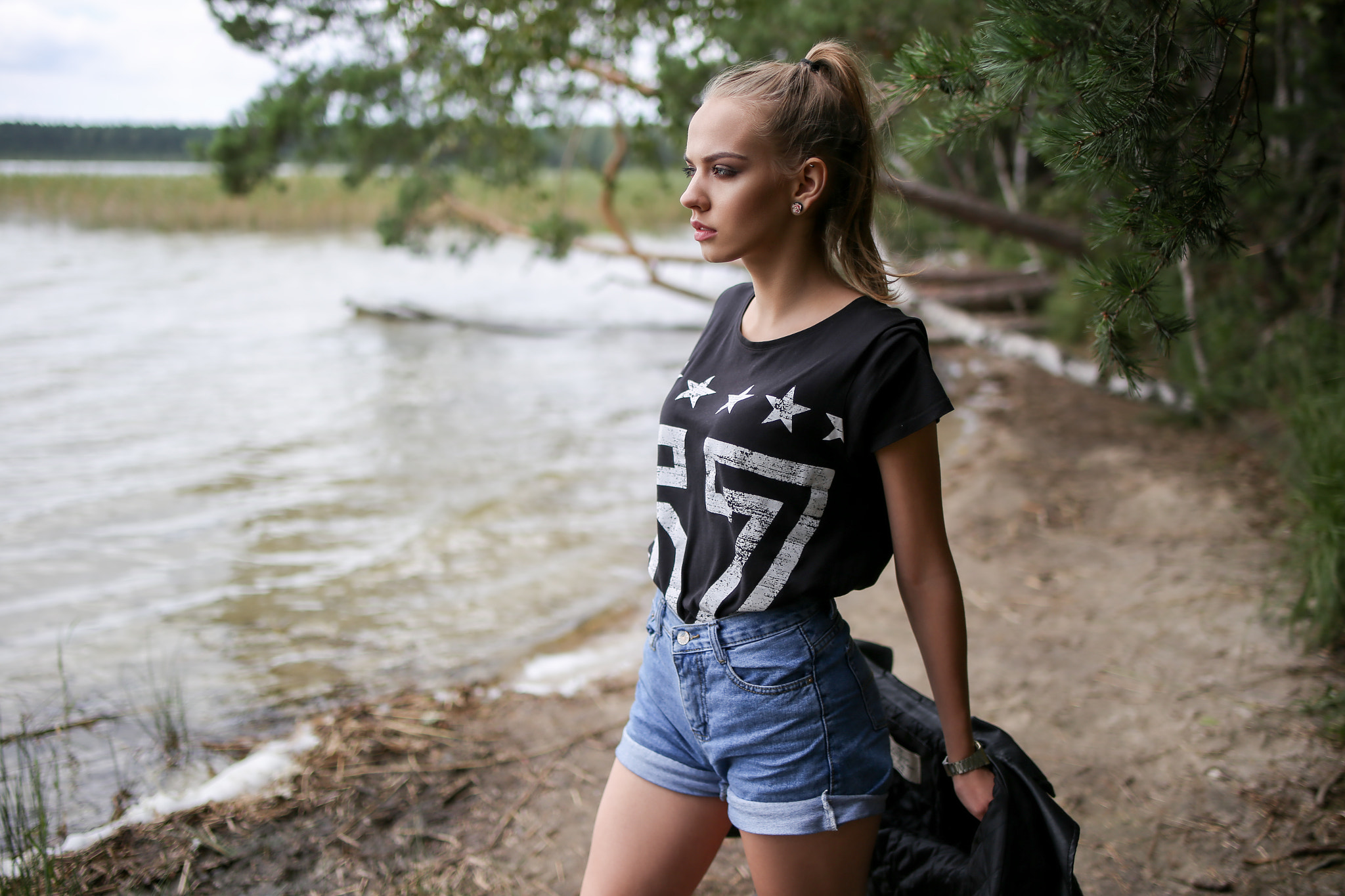 Women Blonde Andrey Zhukov Nastya Afanasieva Black Shirt Shore Profile Ponytail Leather Jackets Look 2048x1365
