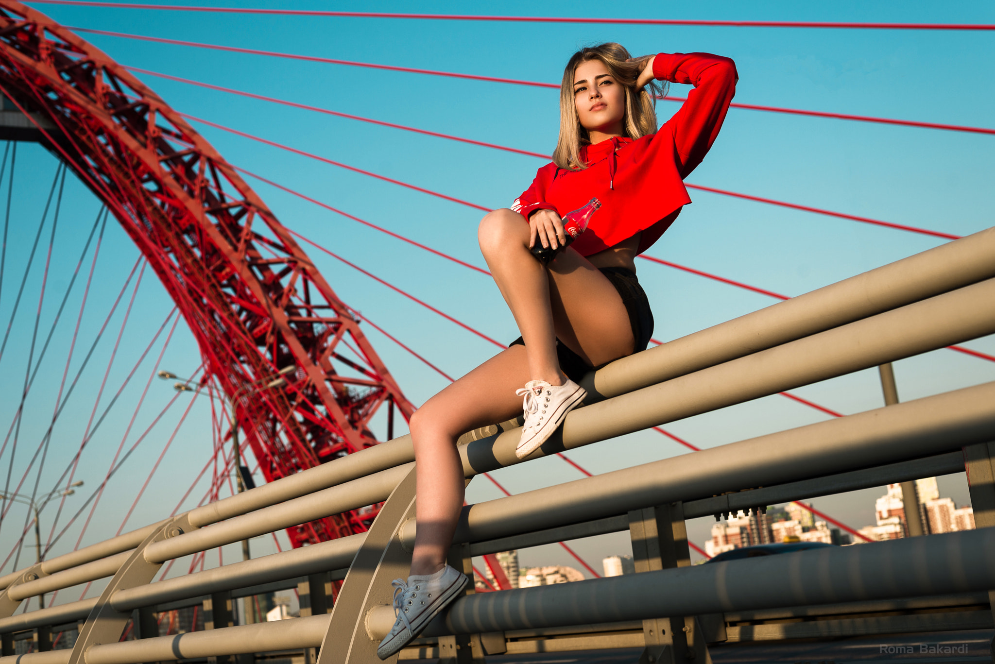 Women Model 500px Roma Bakardi Bridge Urban Legs Sitting Metal Women Outdoors Red Coca Cola 2048x1367