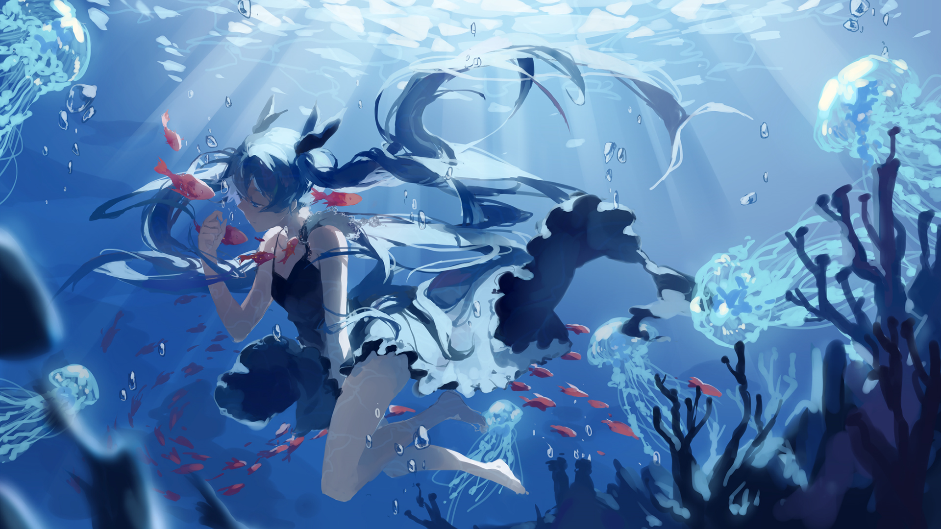 Manga Hatsuse Izuna Anime Anime Girls Underwater Barefoot Fish 1920x1080