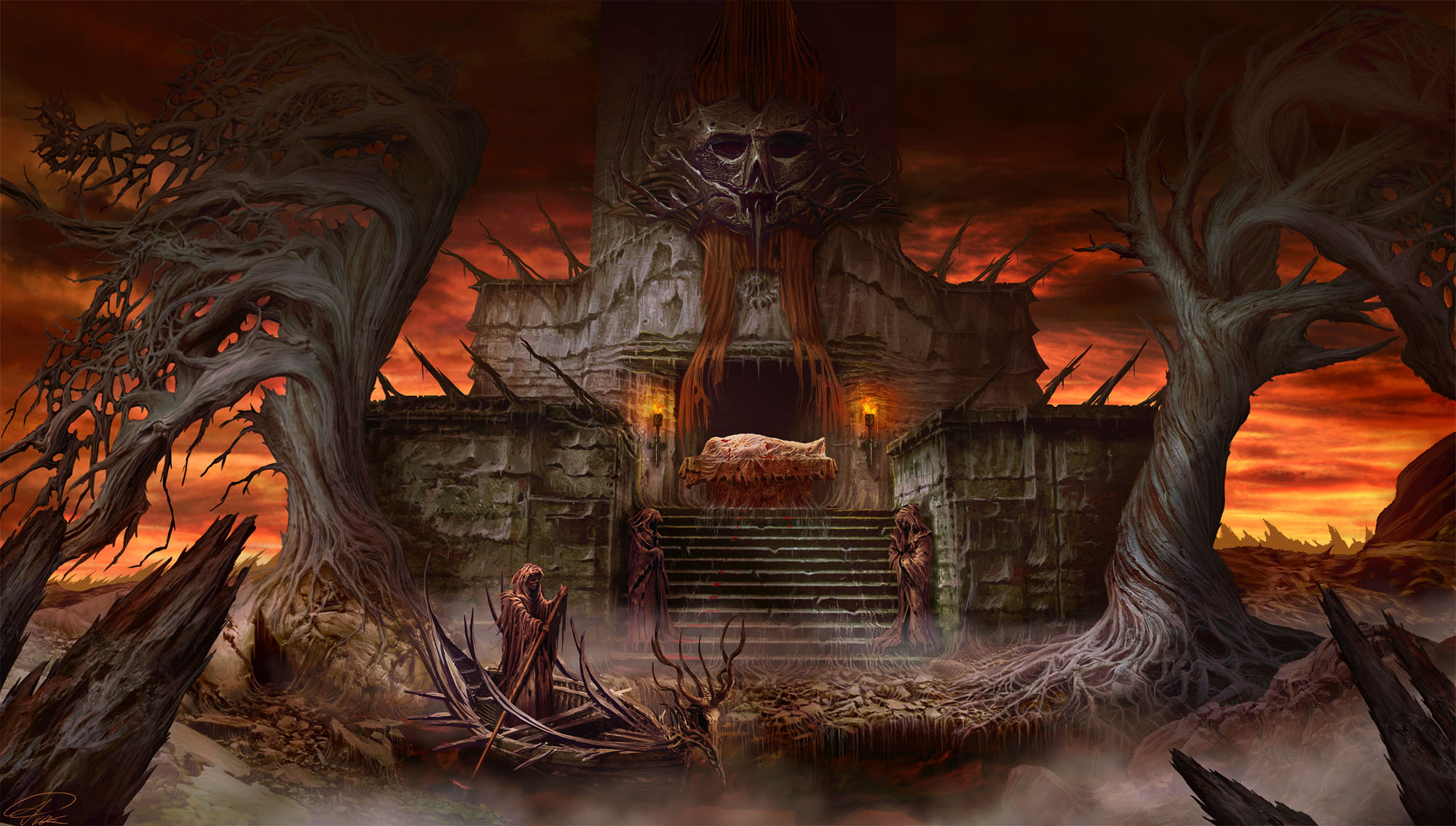 Digital Art Fantasy Art Grim Reaper Video Games Tormentum Dark Sorrow Trees Mist Boat Temple Altar S 2000x1135