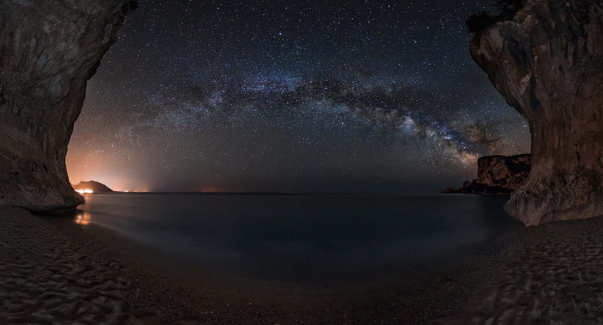 Landscape Nature Starry Night Milky Way Cave Beach Sand Sea Lights Galaxy Sky Long Exposure Sardinia 2000x1080