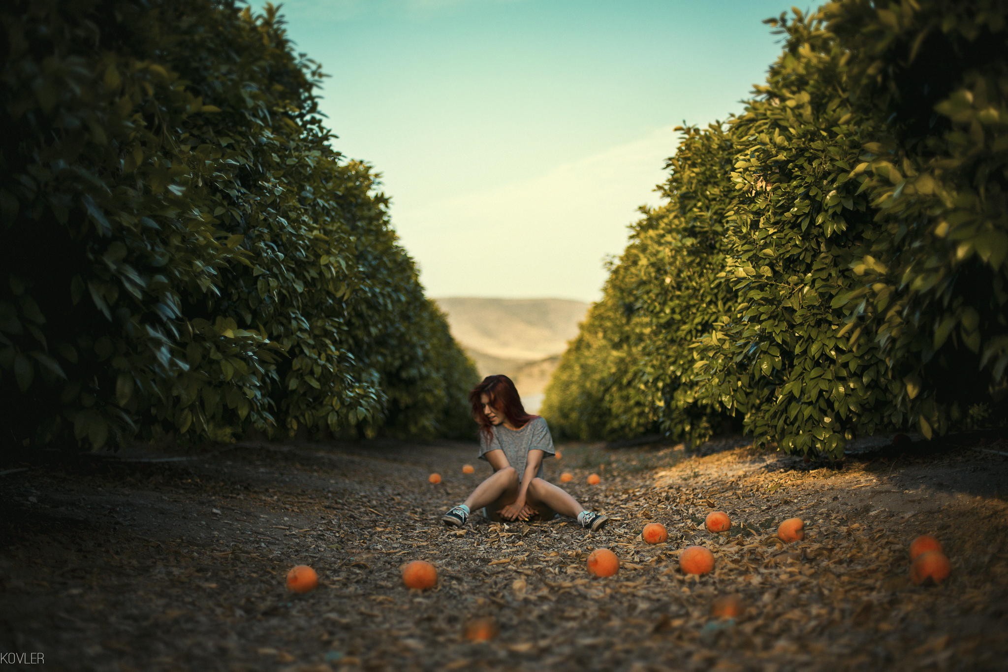 Women Redhead Sitting Path Mangos Orange Fruit Dan Kovler Clear Sky 2048x1365