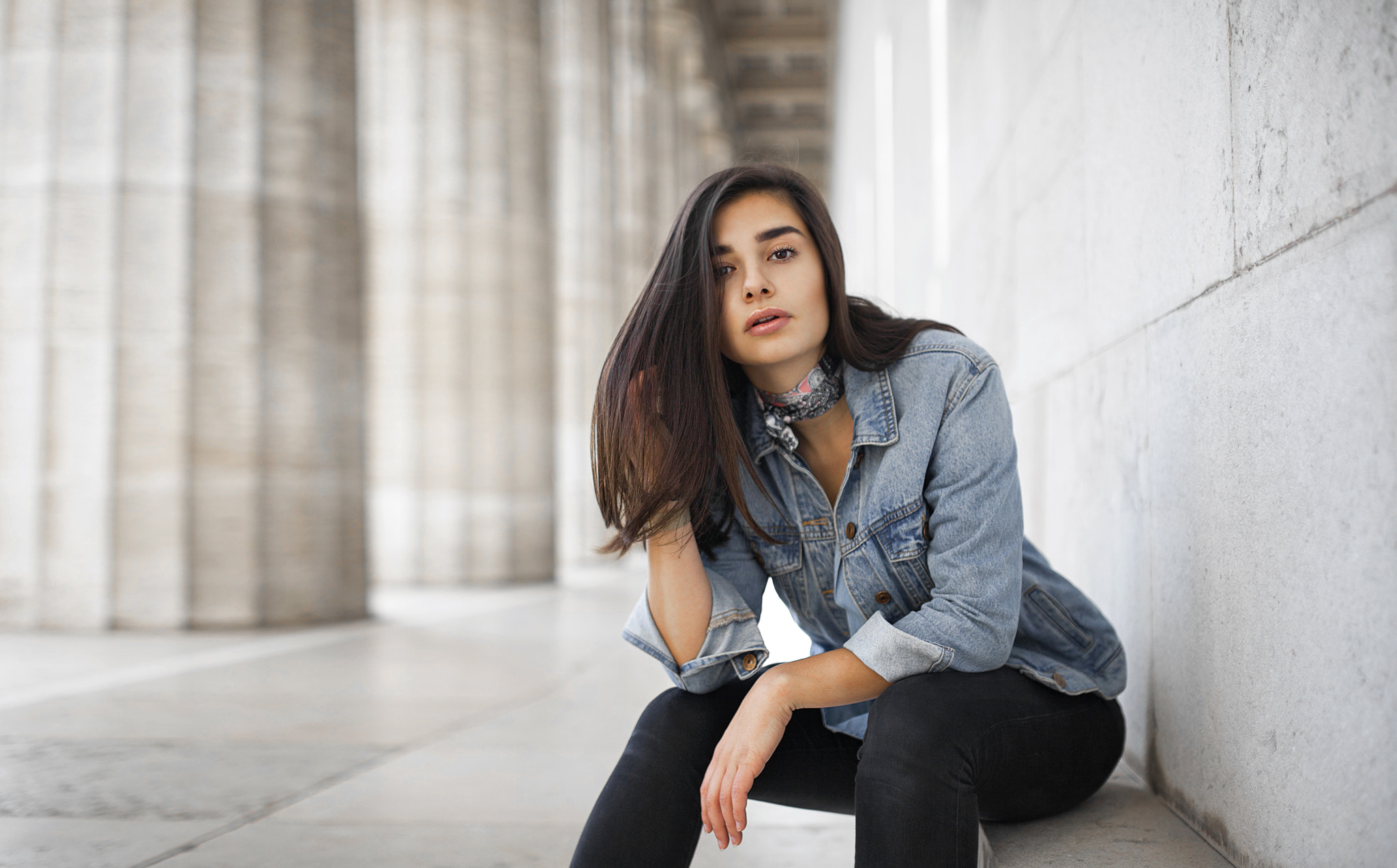 Women Portrait Jeans Denim Shirt Sitting Depth Of Field 2048x1274