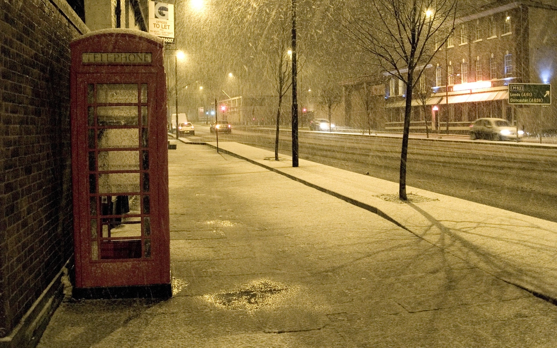 Snow Winter Telephone Booth Street Road Place Night Light 1920x1200