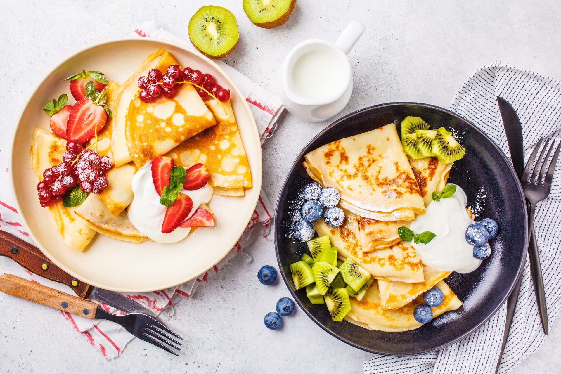Food Fruit Strawberries Sweets Crepes Kiwi Fruit Blueberries Red Currant Sugar Fork Table Knife 1920x1280