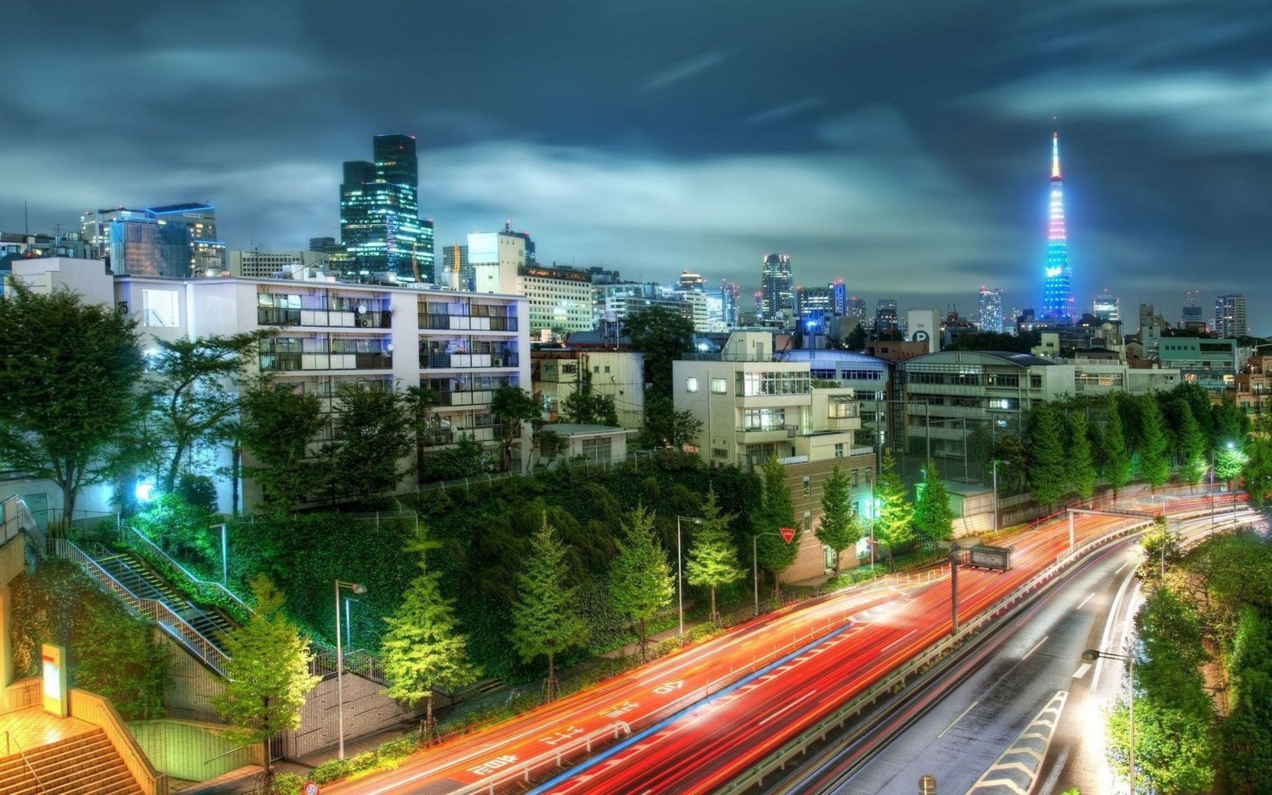 Road City Tokyo Japan Building HDR Tree Time Lapse Freeway 2560x1600