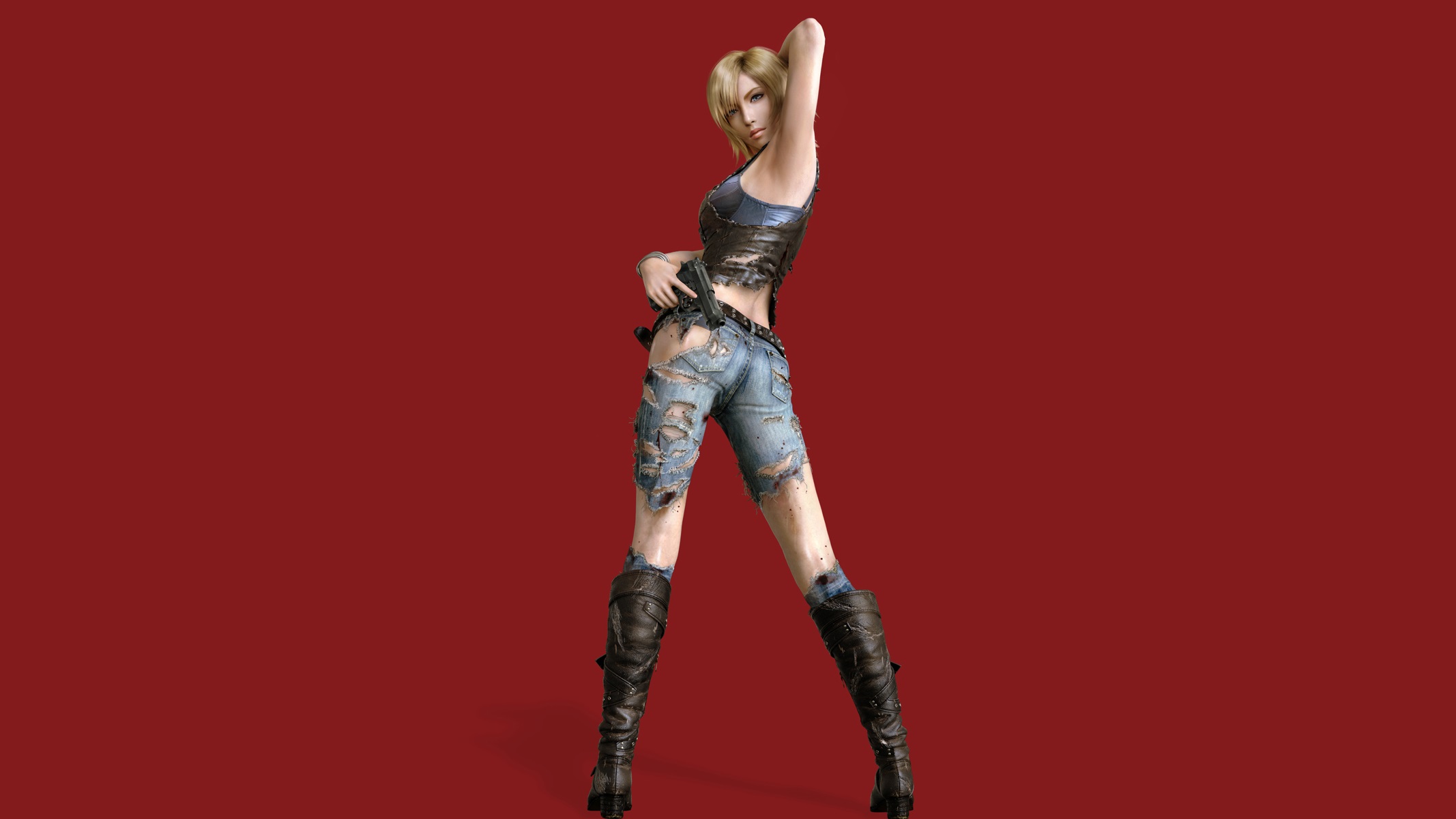 Parasite Eve 3rd Birthday Women Video Games Gun Arms Up Simple Background Blonde Red Background Torn 2134x1200