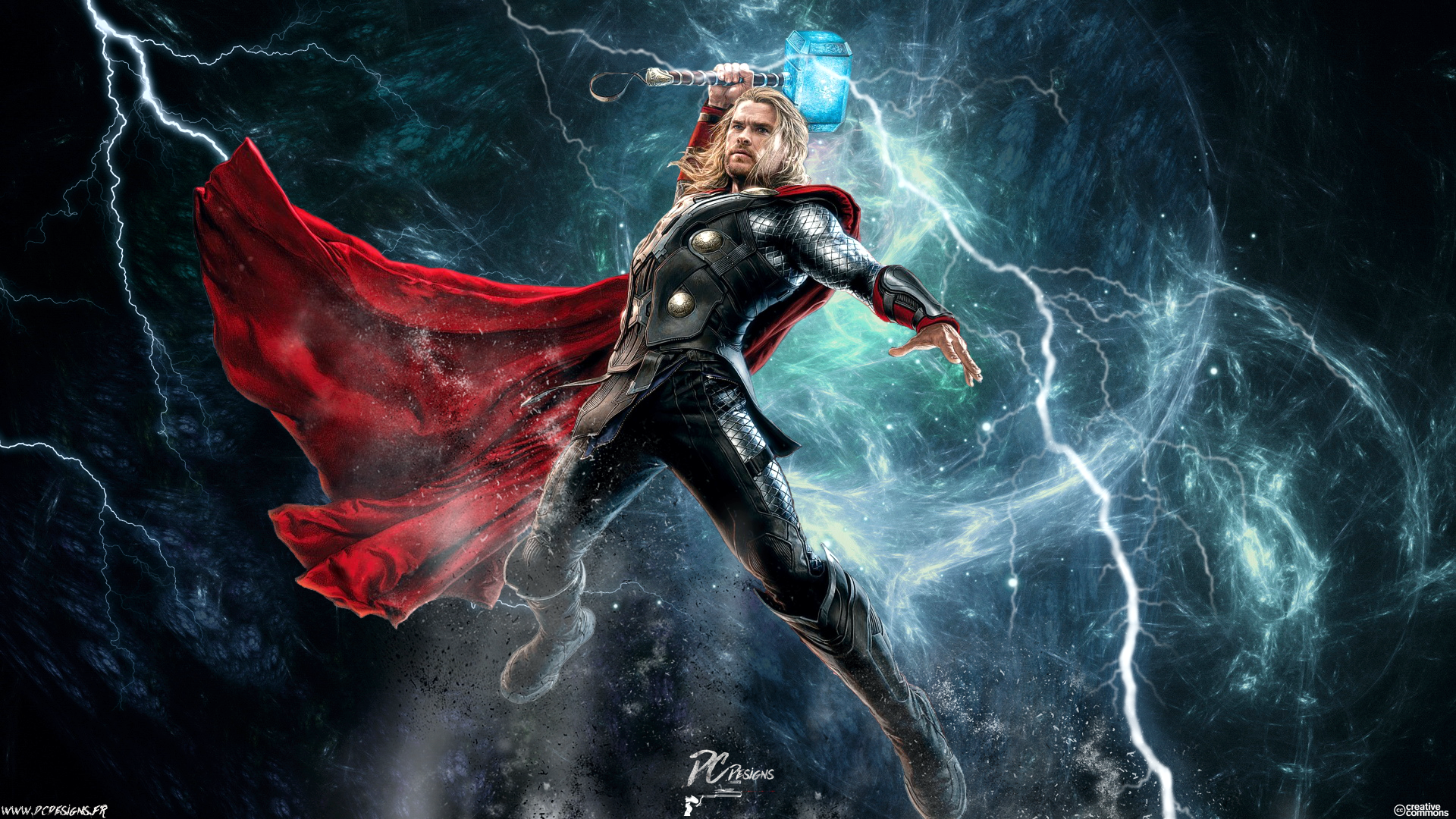Thor Chris Hemsworth Marvel Comics Marvel Comics Comics Lightning Mjolnir Cyan Cape 1920x1080