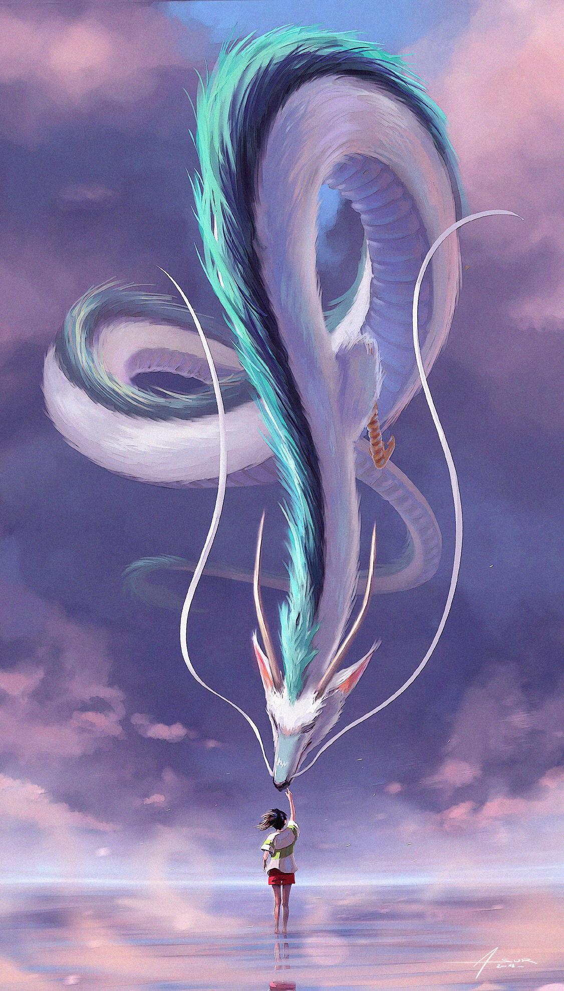 Dragon Children Illustration Digital Painting Clouds Haku Chihiro Spirited Away Anime Anime Girls Sk 1126x1980