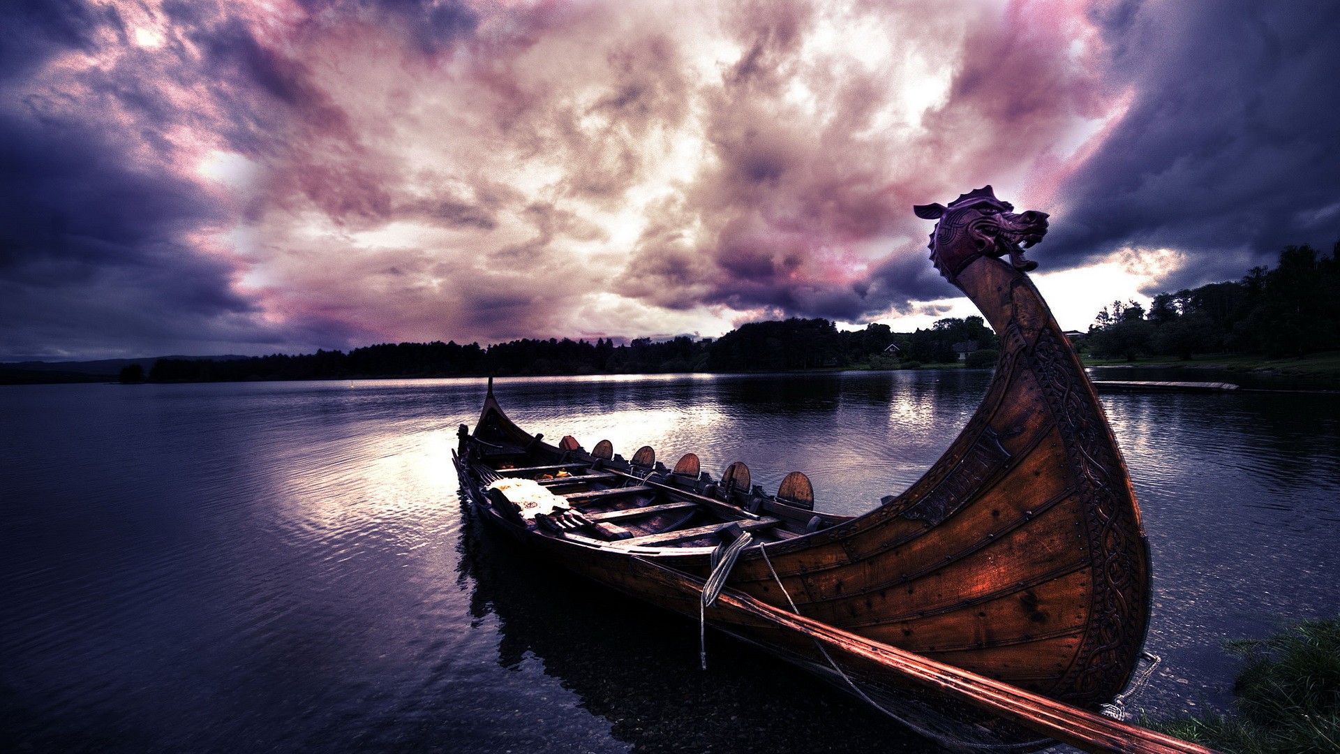 Nature Water Boat River Vikings Wood Dragon Trees Clouds Forest Filter Sunlight Longships Purple 1920x1080