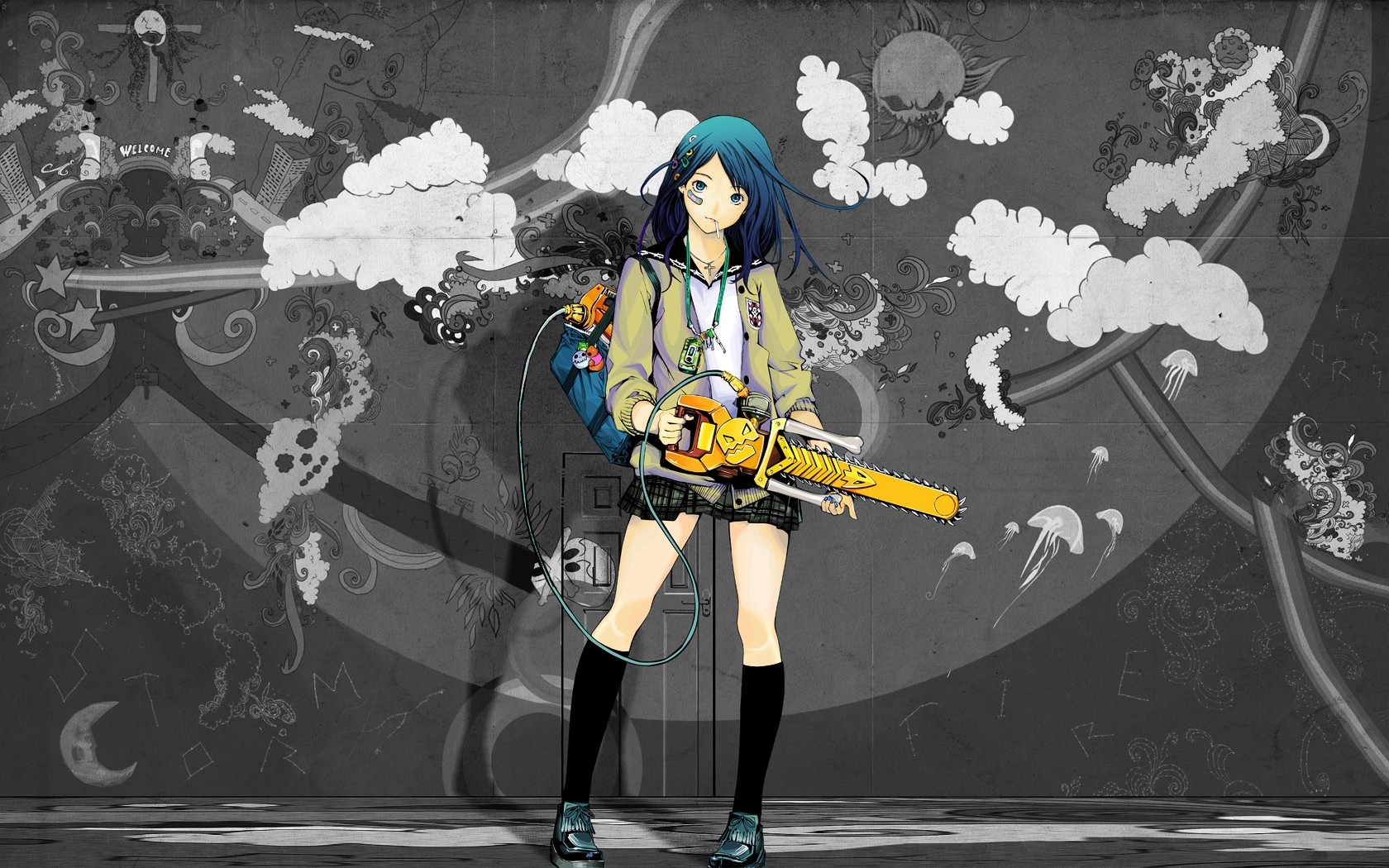 Anime Anime Girls Graffiti Blue Hair Chainsaws Blue Eyes School Uniform Monochrome Long Hair Black S 1680x1050