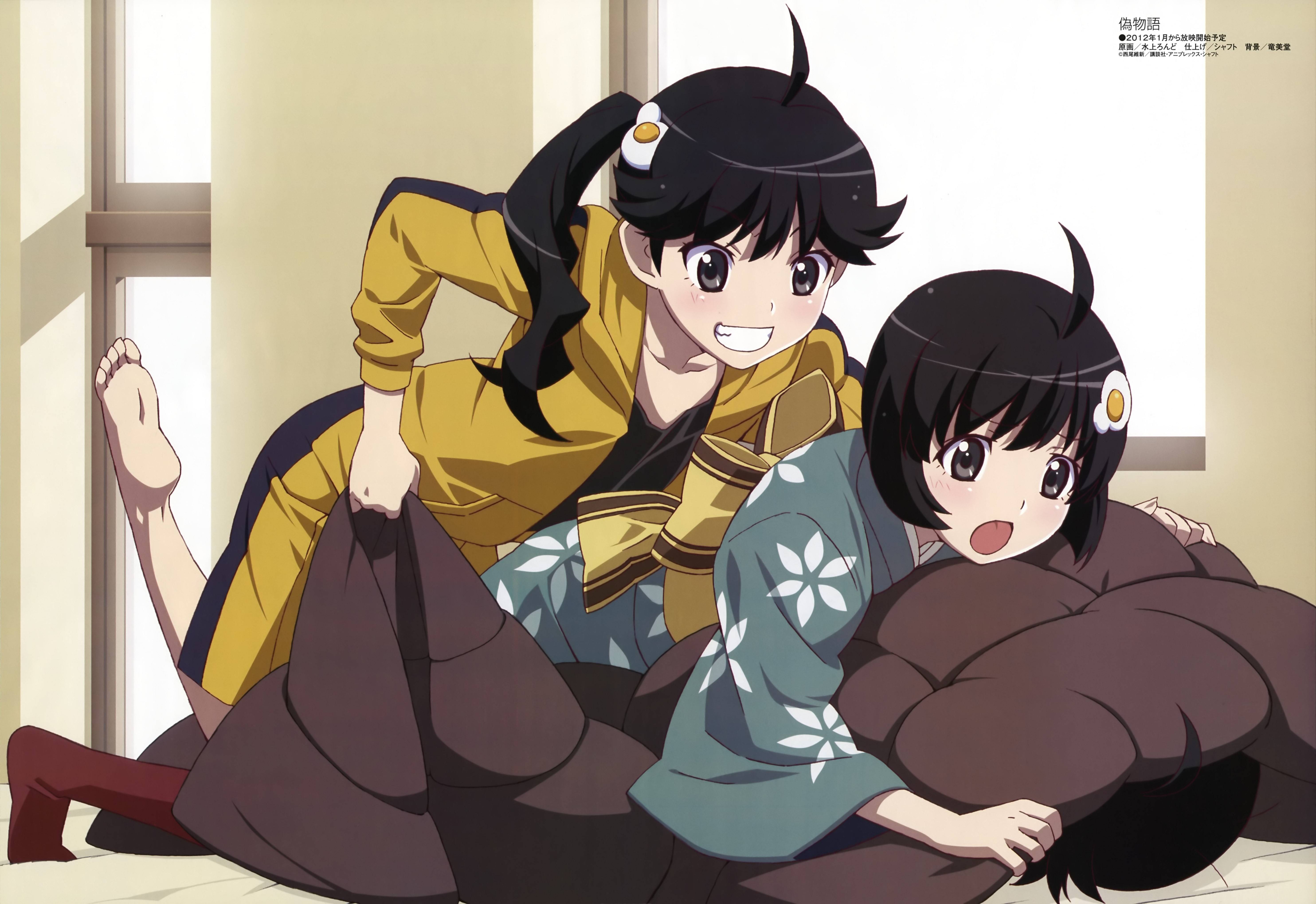 Monogatari Series Araragi Karen Araragi Tsukihi Anime Girls White Skin Dark Hair Black Eyes