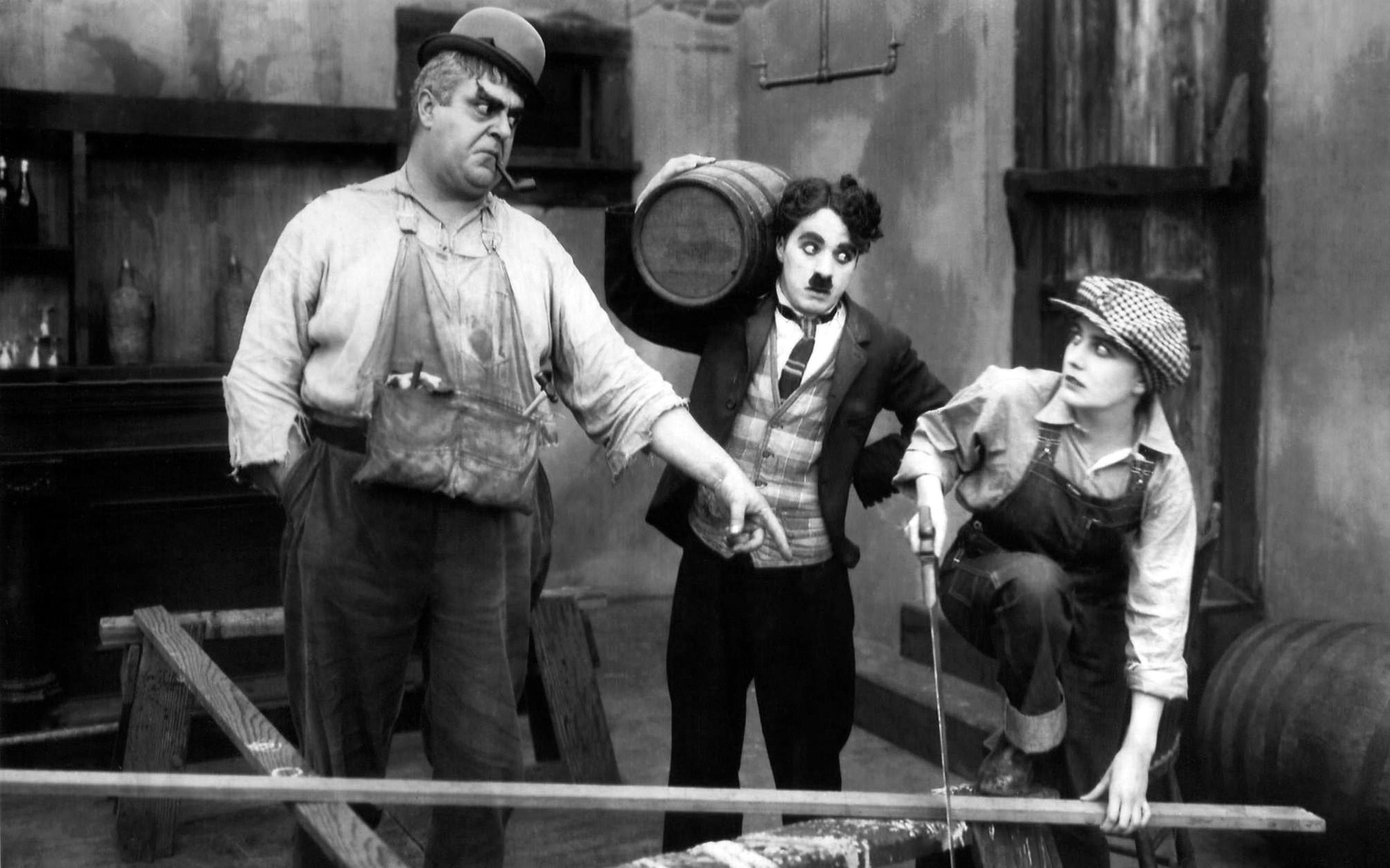 Charlie Chaplin Humor Monochrome Wood Barrels 1920x1200