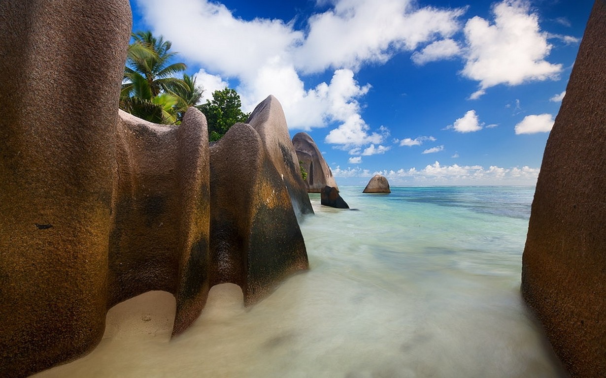 Landscape Nature Beach Rock Clouds Sea Sand Palm Trees Seychelles Island Tropical Summer 1230x768