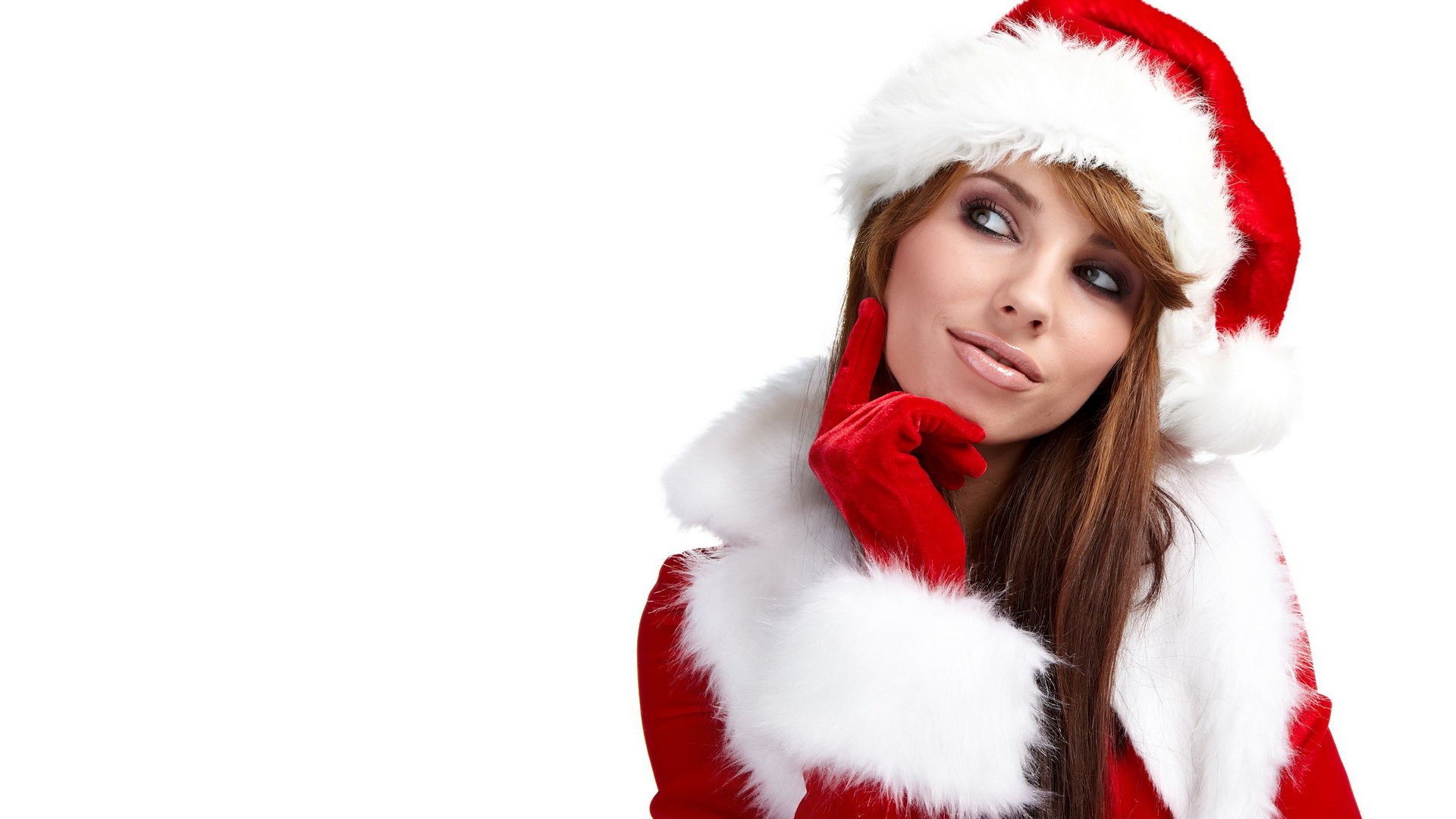 Women Model Brunette Long Hair Christmas Santa Costume White Background Santa Hats Gloves Looking Aw 1920x1080