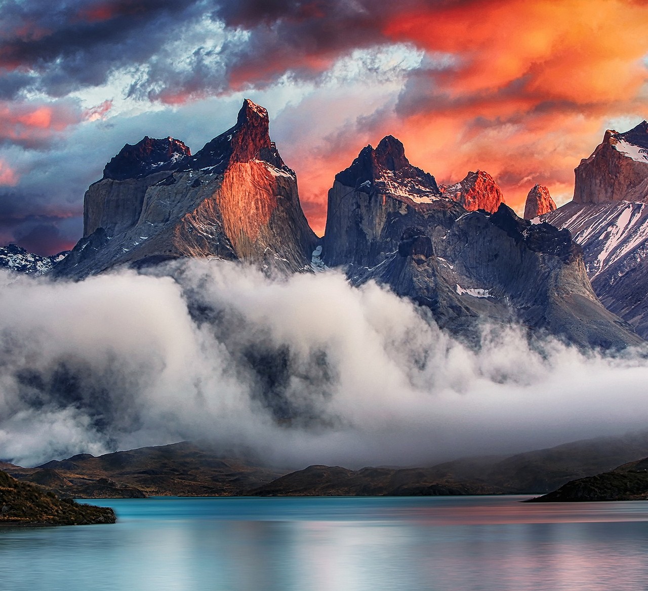 Mountains Torres Del Paine Patagonia Chile Clouds Lake Nature Landscape 1280x1167