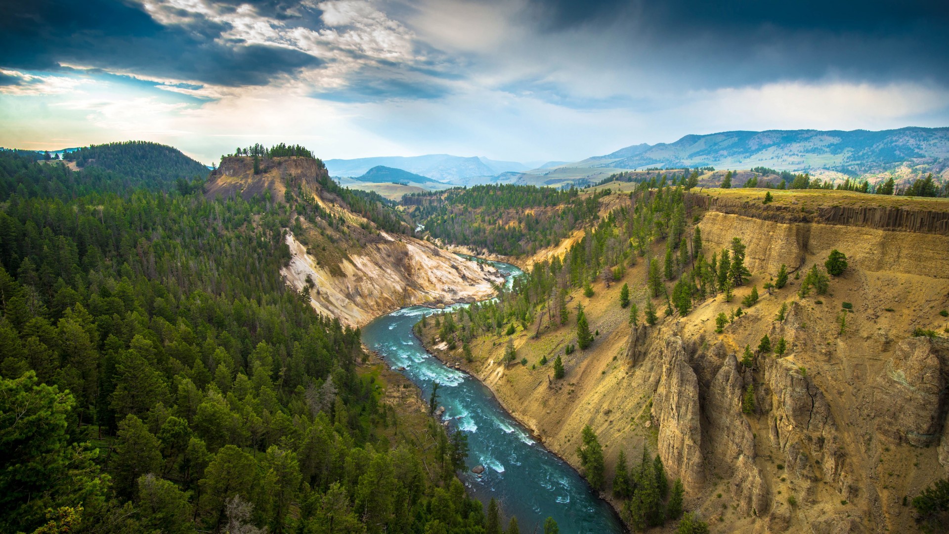 Water Nature Canyon River Yellowstone National Park Overcast Landscape Wyoming 1920x1080