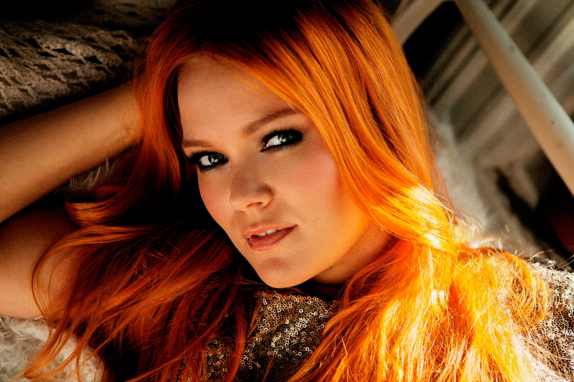 Singer Redhead Finland Looking At Viewer Lying Down Women Celebrity Sunlight Orange Anna Puu 2247x1498