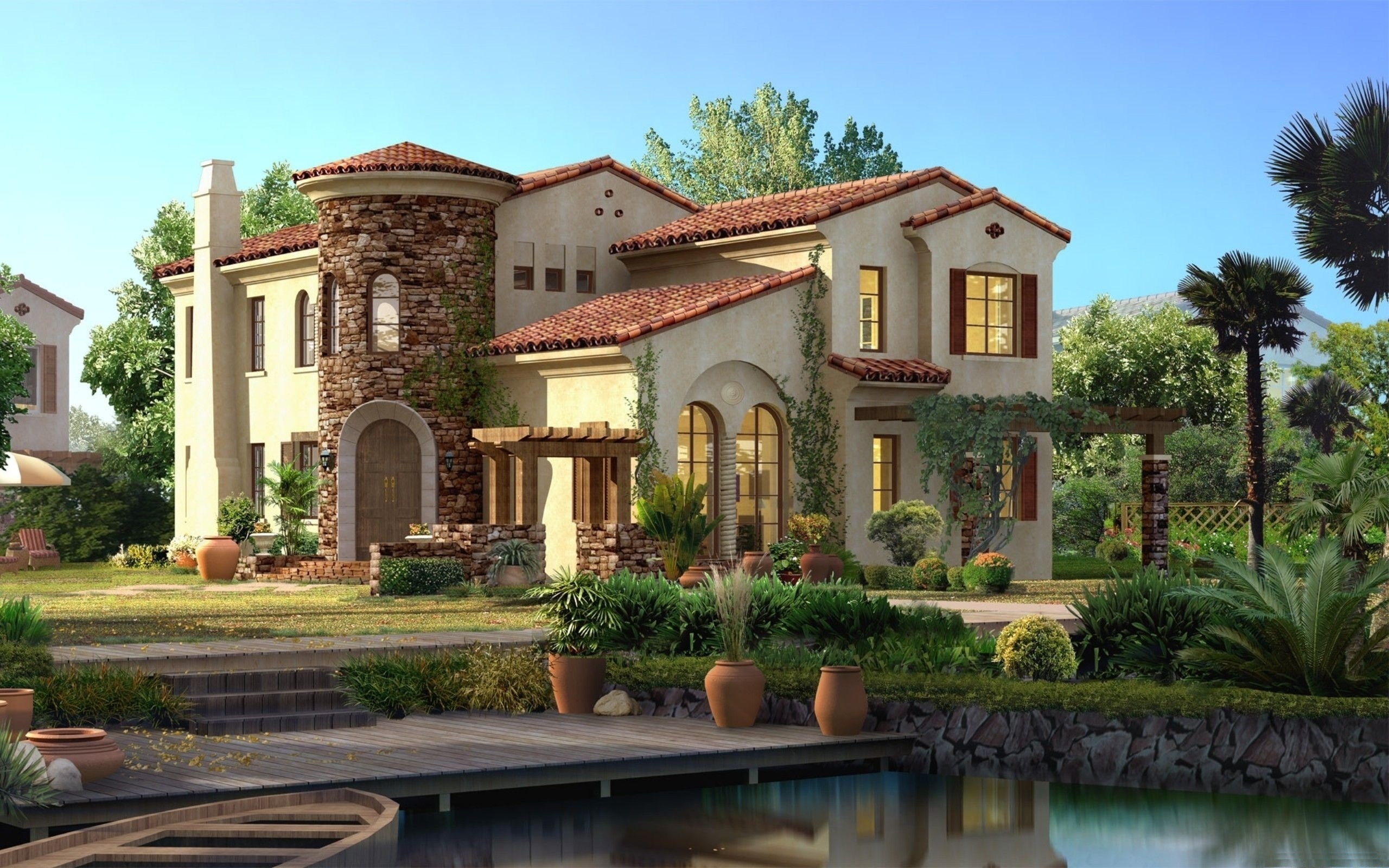House Backyard Plants Swimming Pool Architecture 3D 2560x1600