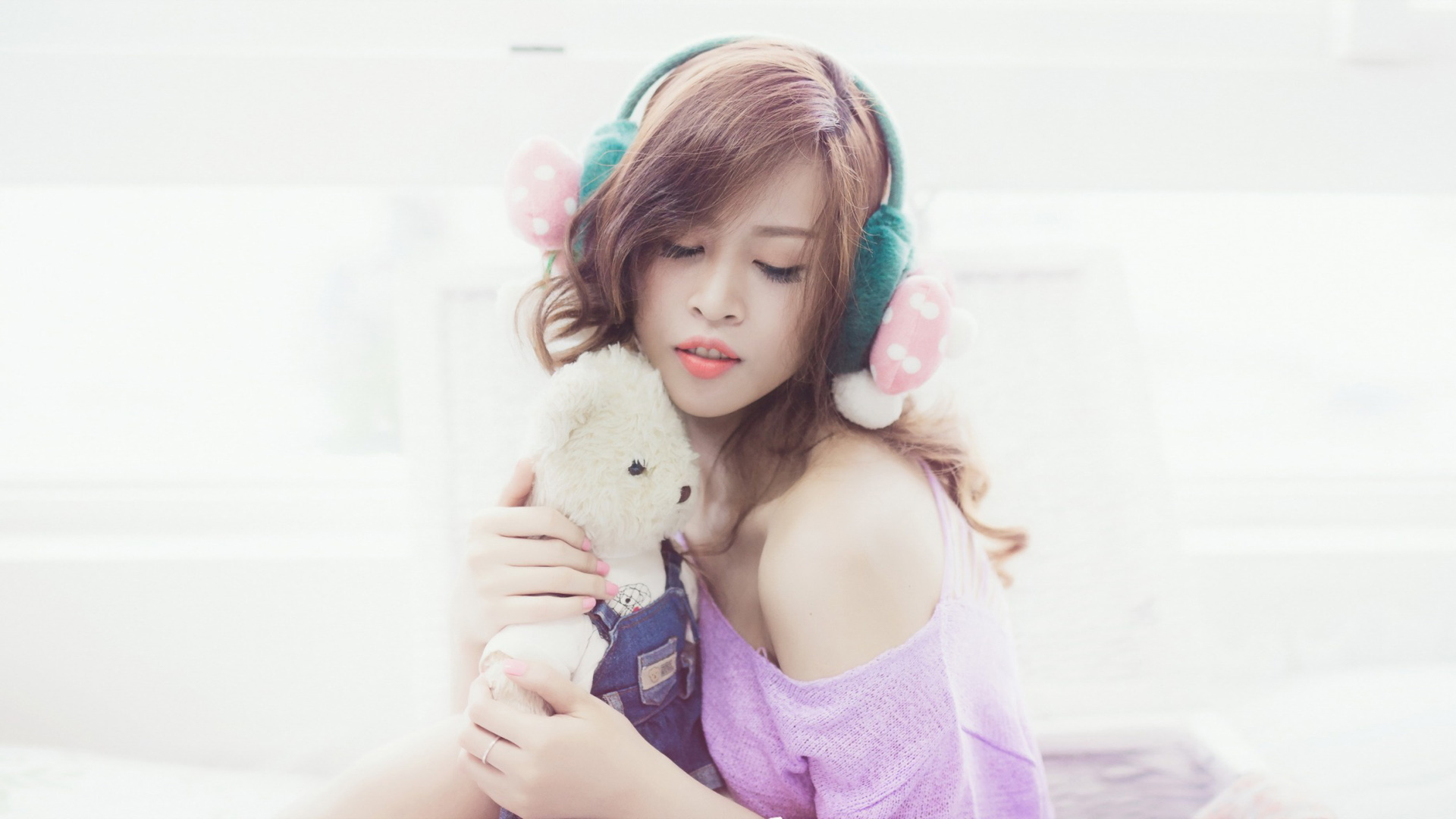 Women Photography Model Asian Bare Shoulders Teddy Bears Pink Sweater Closed Eyes Ear Muffs Long Eye 1920x1080