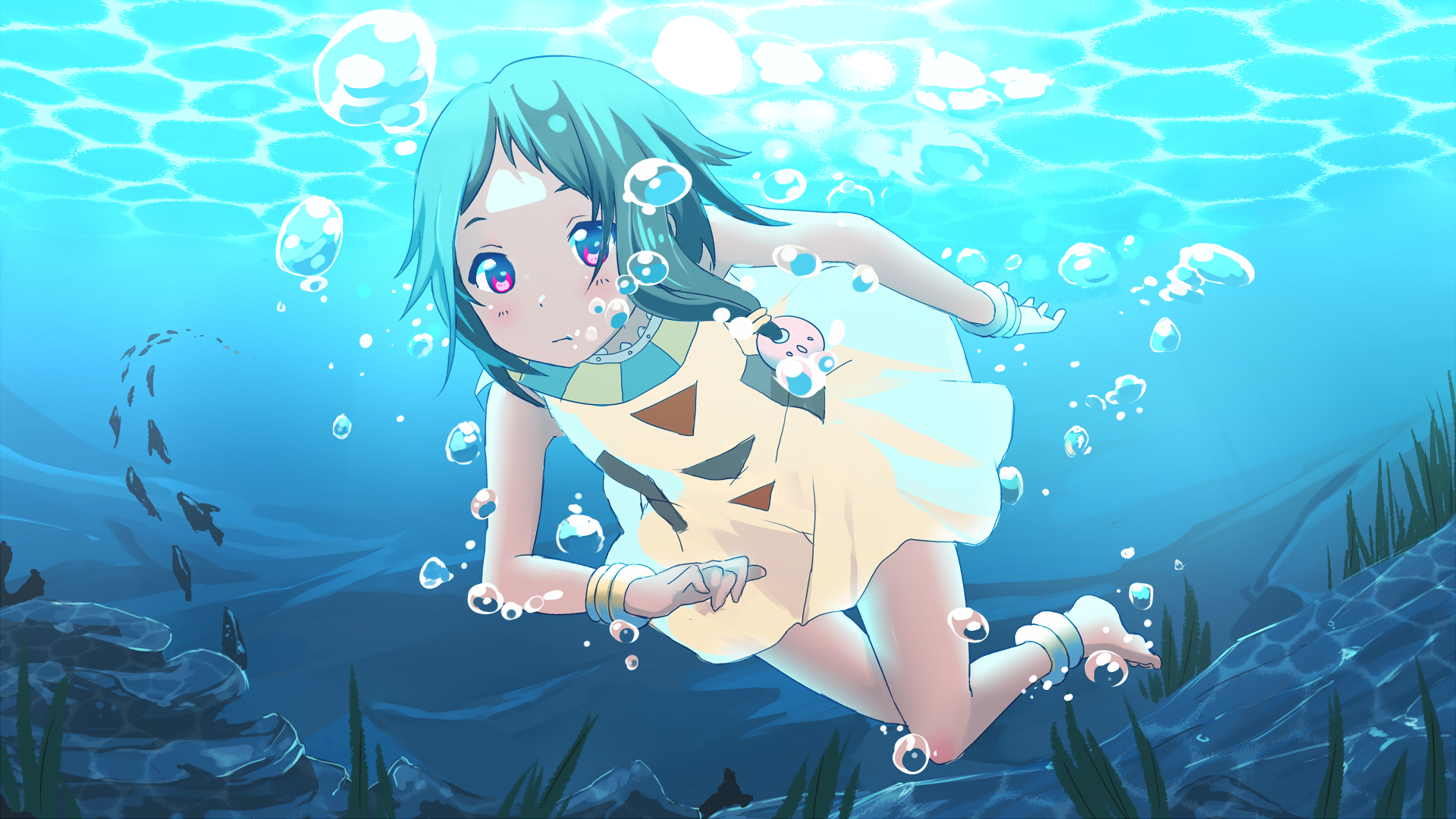 Tamako Market Anime Girls Underwater Swimming Blue Hair Cyan Hair Cyan 1920x1080