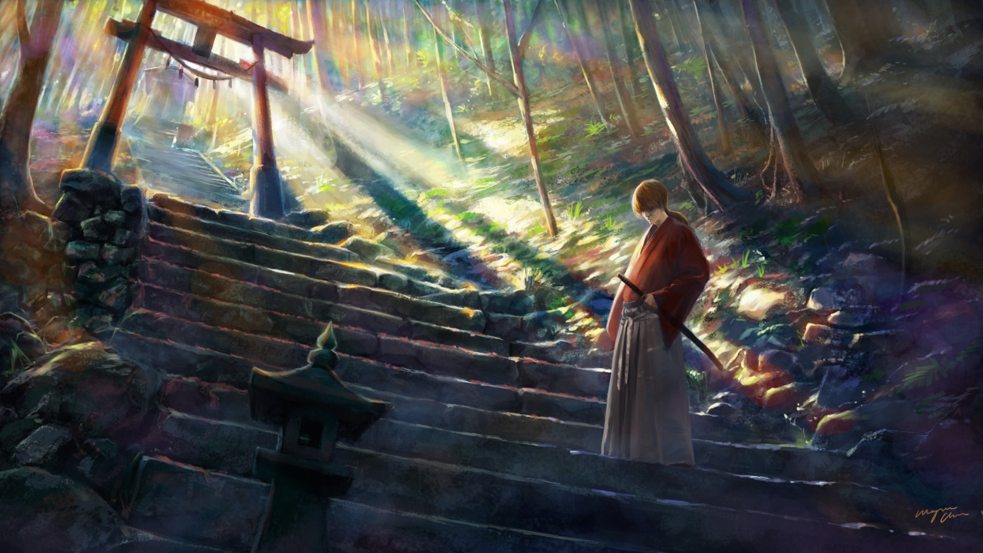 Digital Art Fantasy Art Nature Painting Himura Kenshin Stairs Samurai Katana Stone Sun Rays Asian Ar 1920x1080