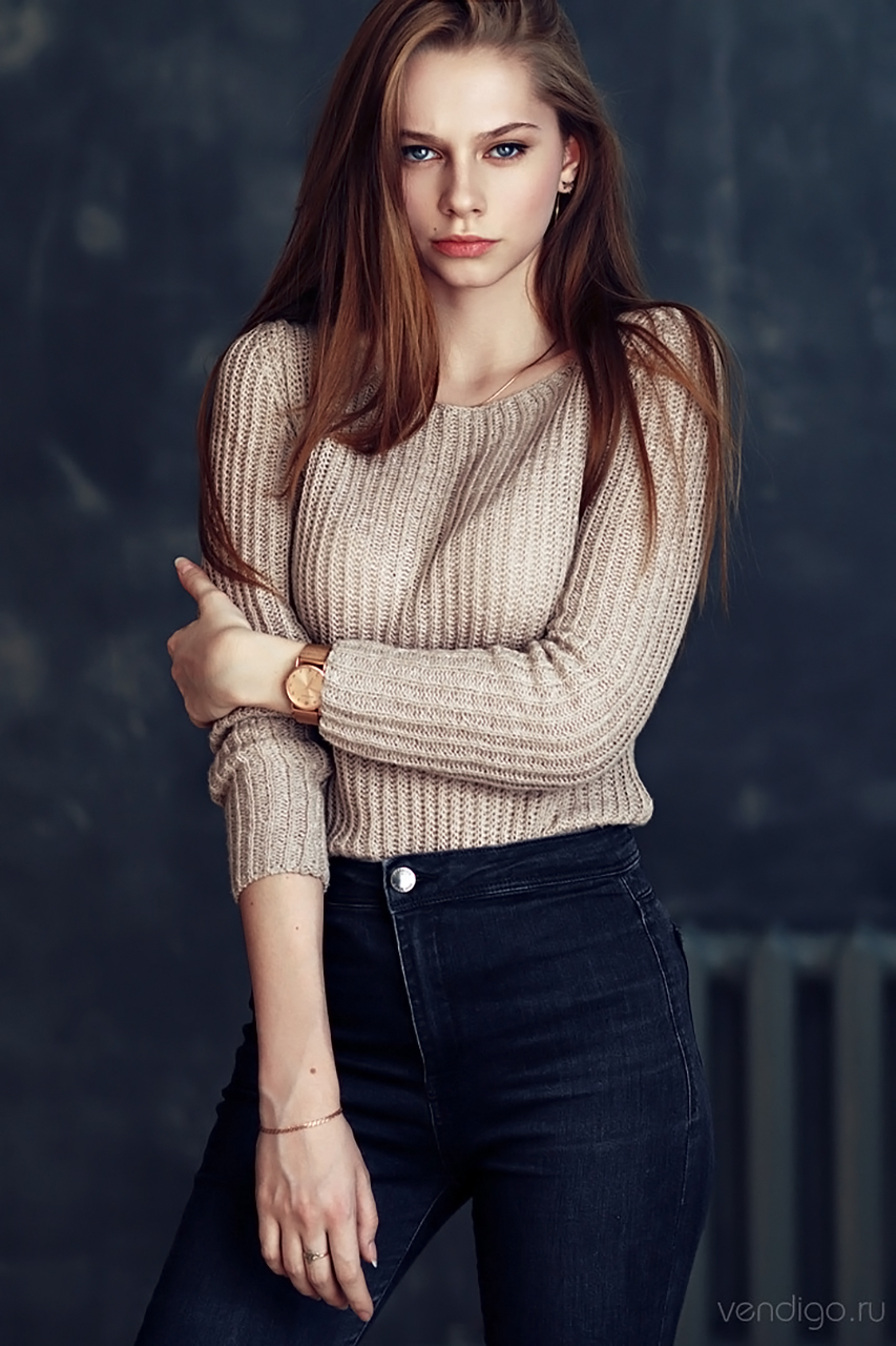 Evgeny Bulatov Women Brunette Long Hair Blue Eyes Frown Makeup Looking At Viewer Sweater Jeans