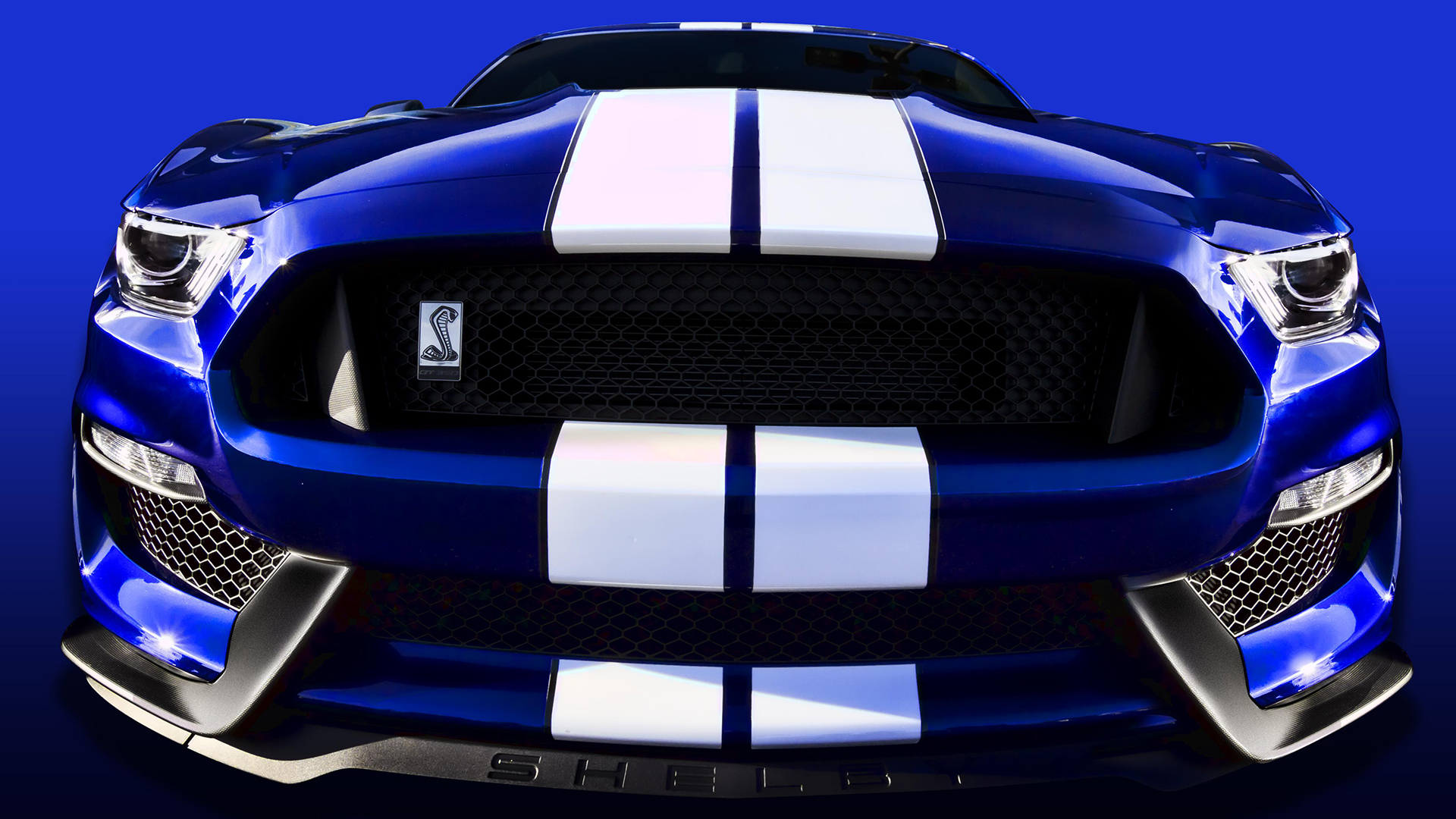 Ford Mustang Car Photography Shelby GT350 Front Angle View Blue Cars Blue Blue Background 1920x1080