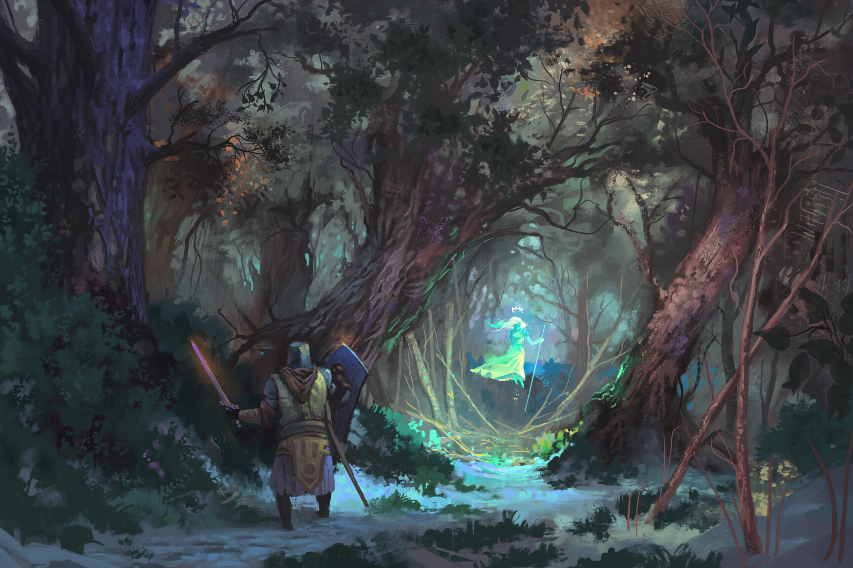 Jeremy Adams Concept Art Warrior Sword Shield Men Women Forest Road Clothes Fly Trees Grass Sheet Na 1728x1152