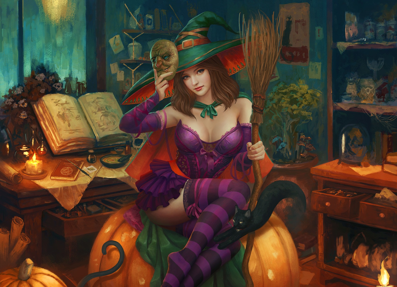 Digital Art Women Redhead Witch Mask Broom Fantasy Art Artwork Painting Mario Wibisono Halloween Cat 1600x1158