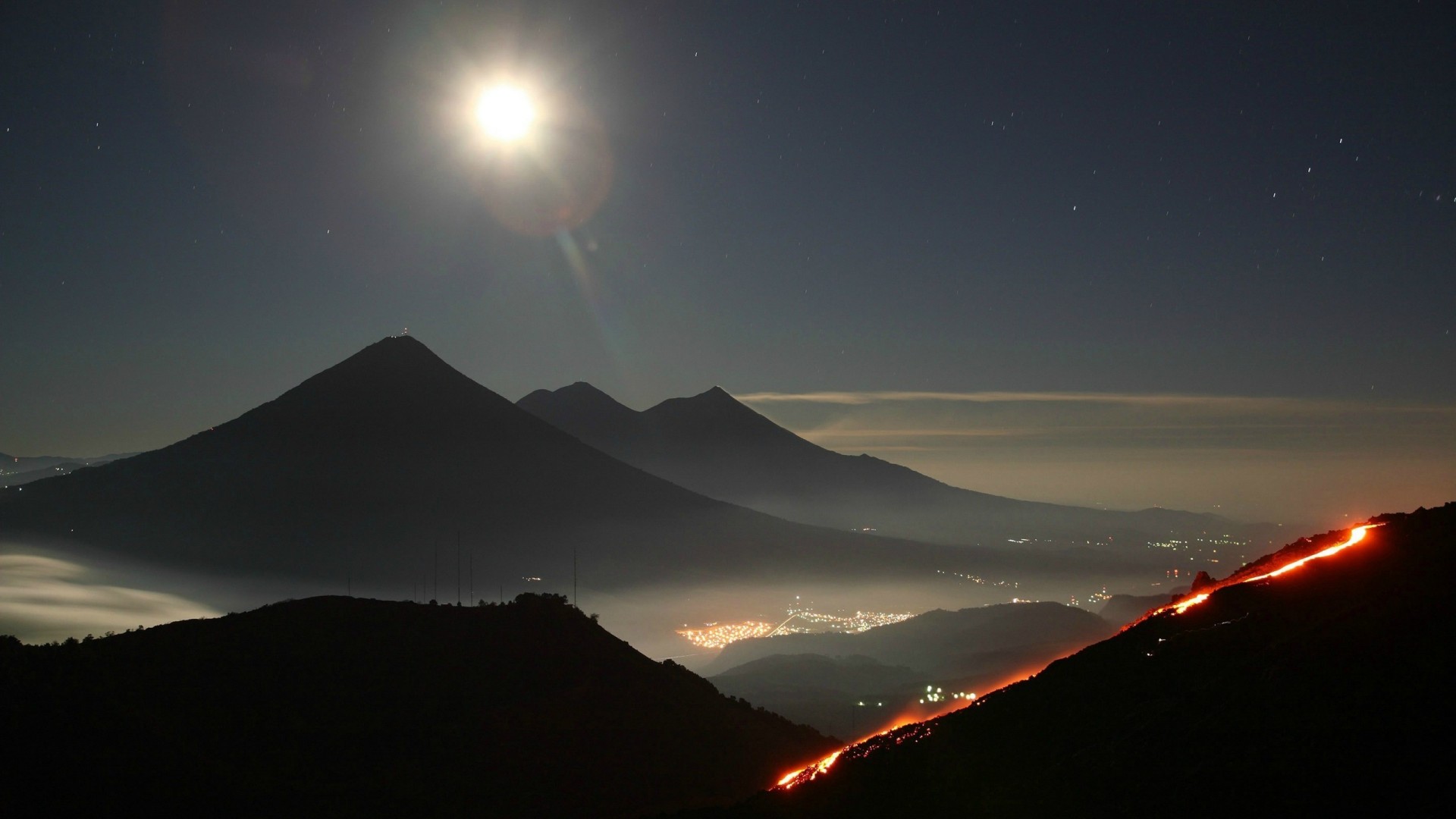 Nature Landscape Guatemala Night Starry Night Mountains Moon Rays Moon Hills Lights Long Exposure Mi 1920x1080