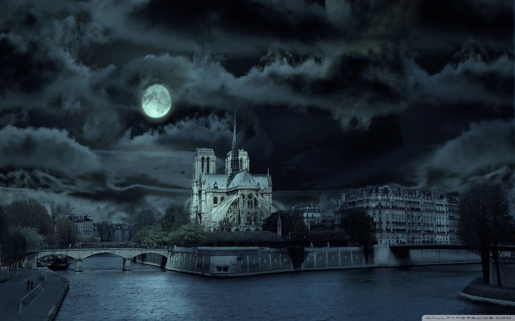 Notre Dame Night Sky France Moon Cathedral 1680x1050