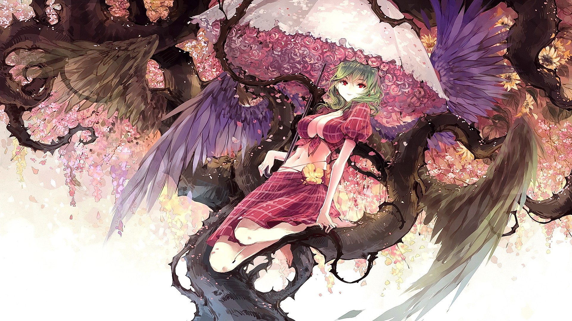 Anime Anime Girls Touhou Kazami Yuuka Wings Green Hair Red Eyes Umbrella Flowers Smiling Long Hair 1920x1080