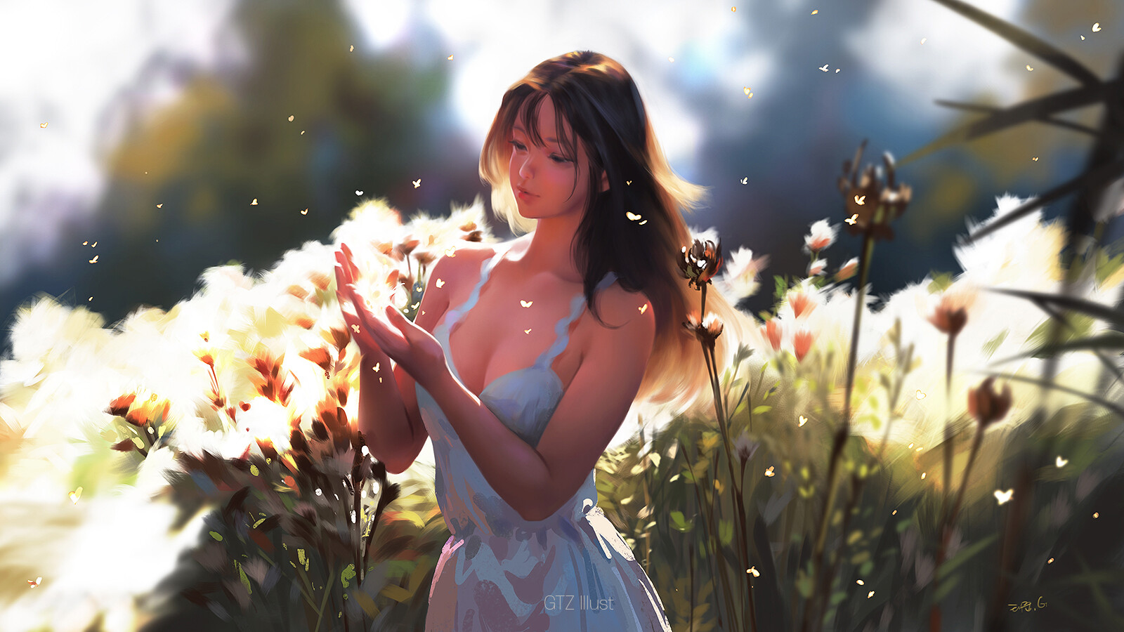 Taejune Kim Digital Art Women Brunette Nature Garden White Dress Long Hair Flowers Anime Girls Anime 1600x900