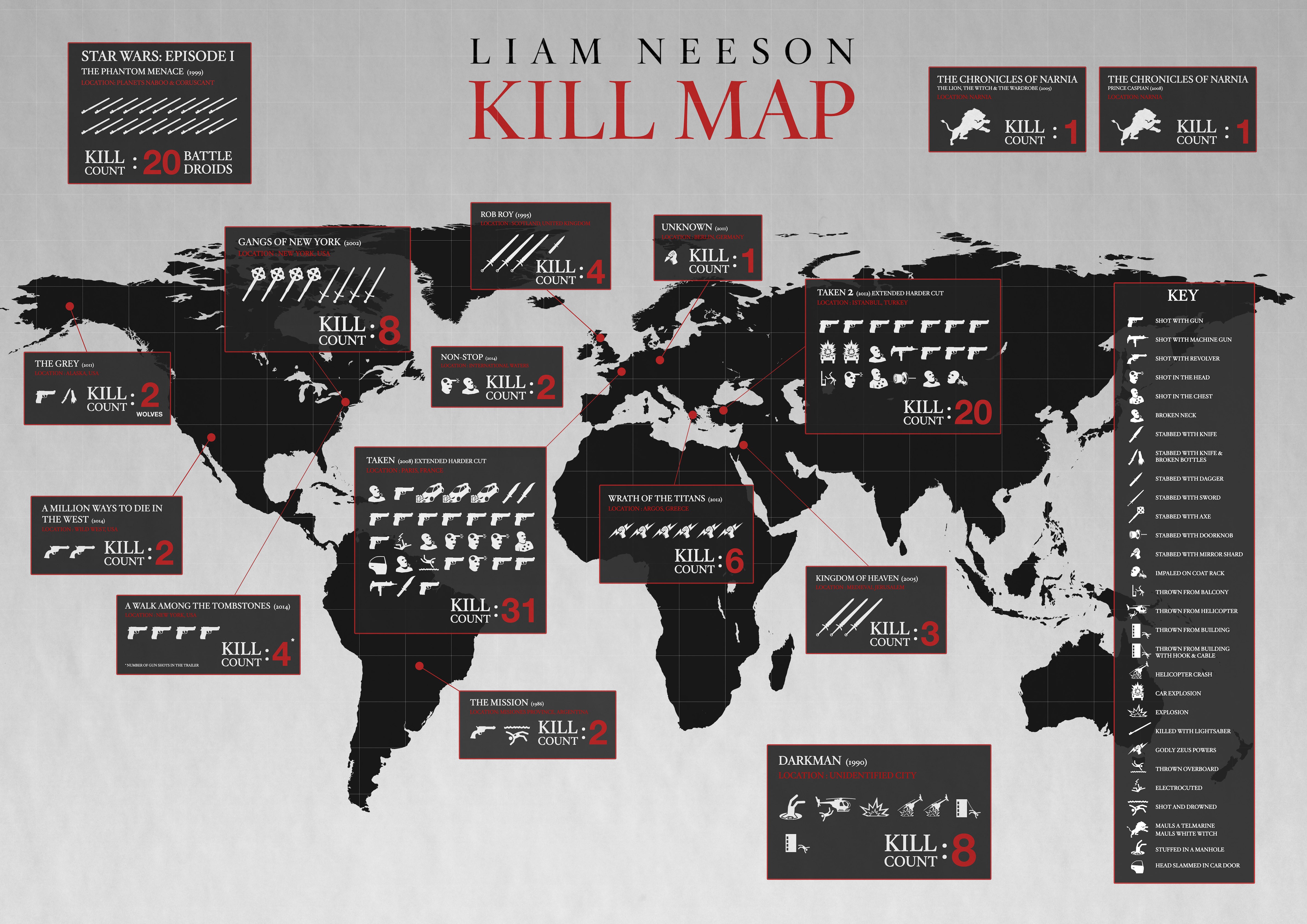 Liam Neeson Map Movies World Map Numbers Infographics Star Wars Taken A Million Ways To Die In The W 4772x3374