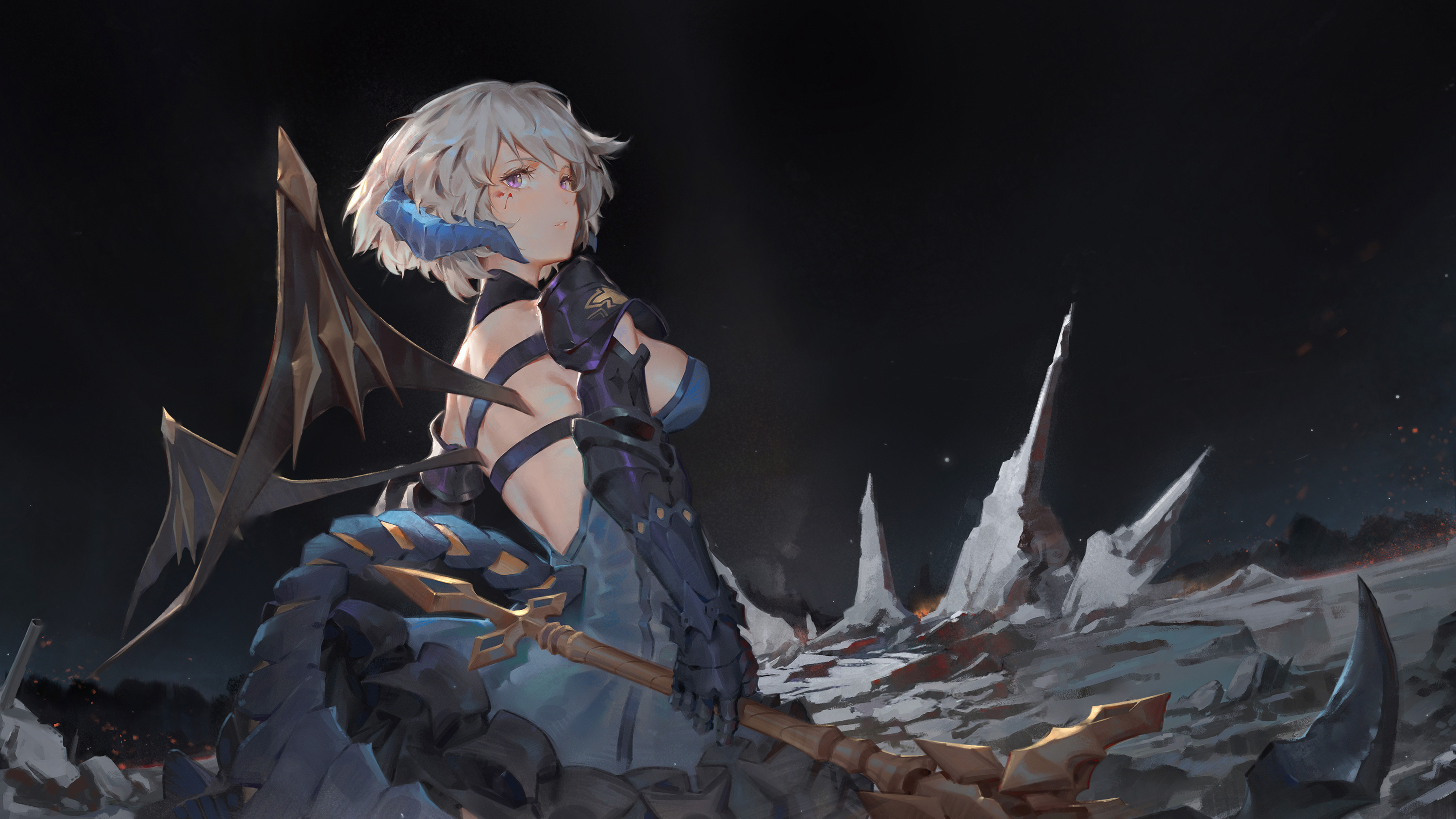 Anime Anime Girls Fantasy Girl Fantasy Art Short Hair Horns Wings Tail Armor Weapon Environment Dark 3000x1687