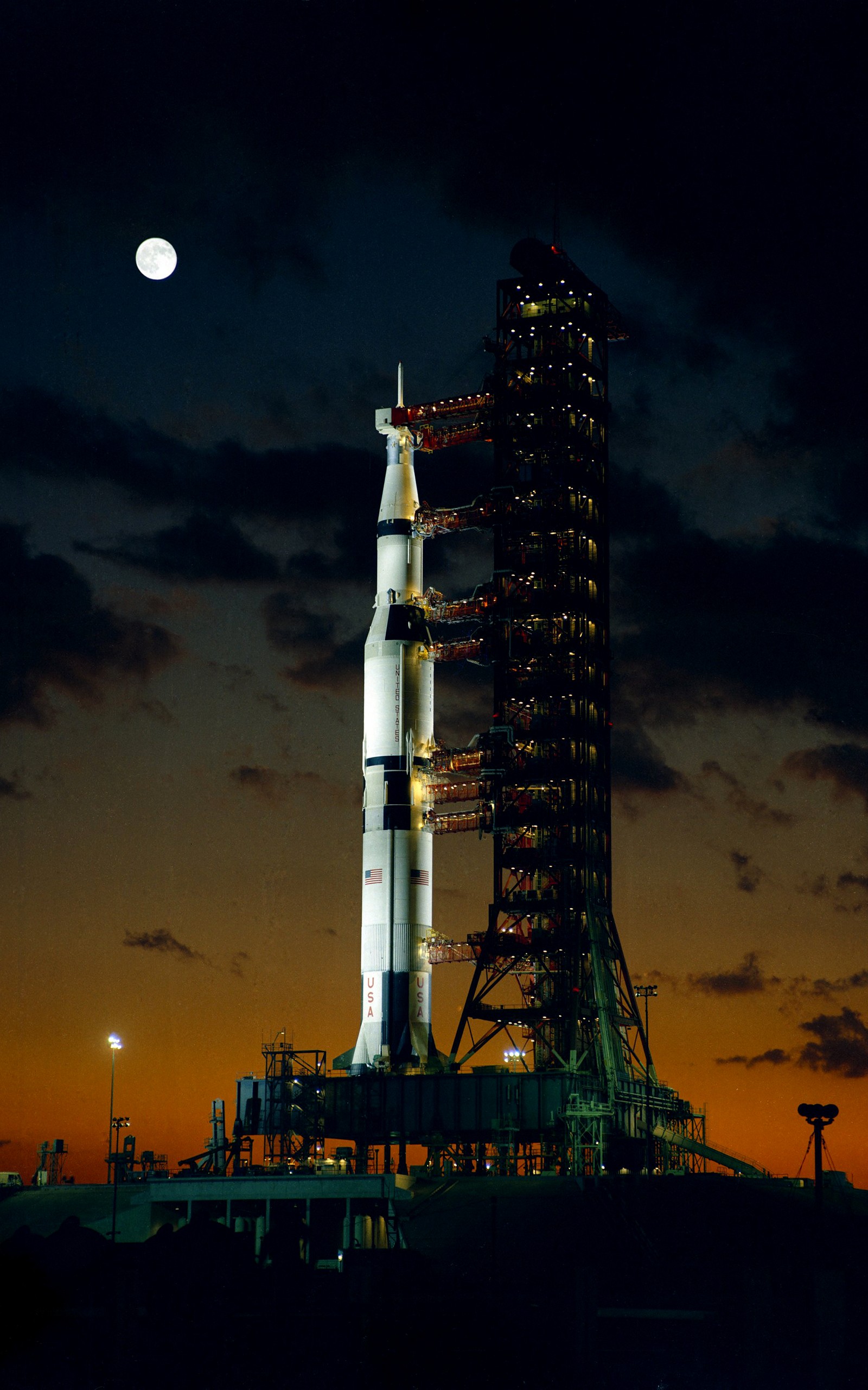 Saturn V Rocket Launch Pads NASA Apollo Scanned Image Portrait Display Night 1600x2560