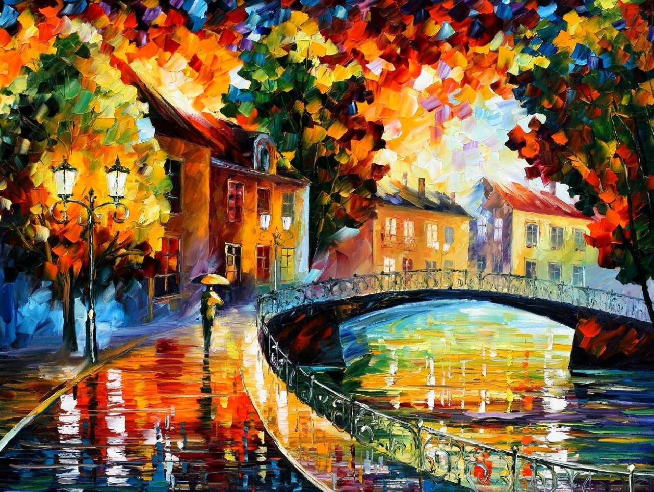 Painting Leonid Afremov Fall Colorful Bridge 1333x1003