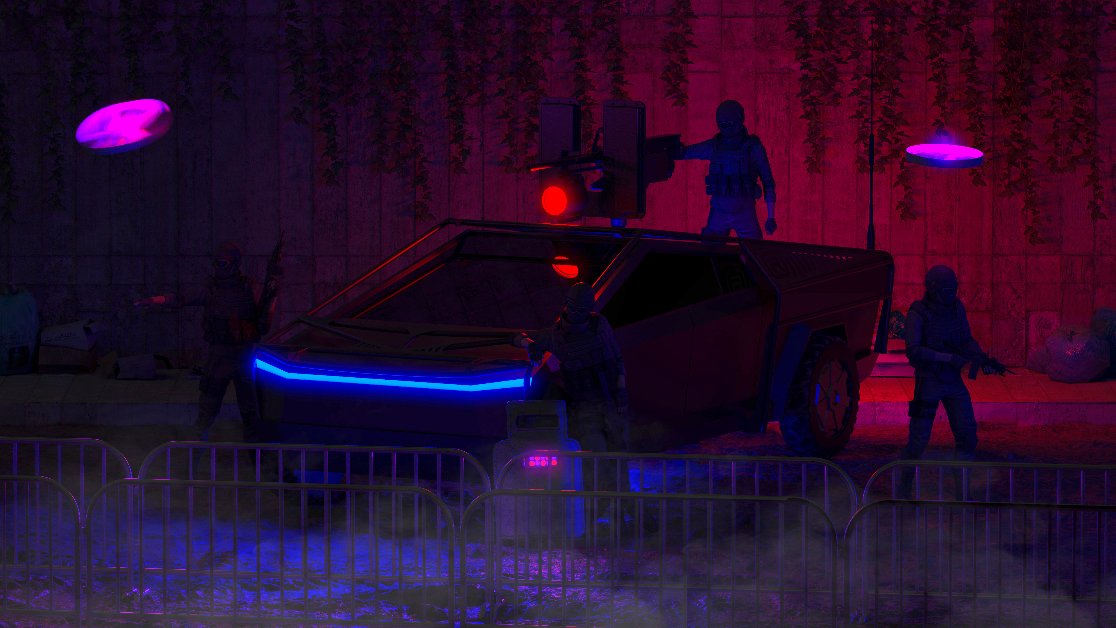 3D Graphics CGi Digital Art Blender Neon Neon Glow Neon Lights City Night Tesla Tesla Cybertruck Pol 3840x2162