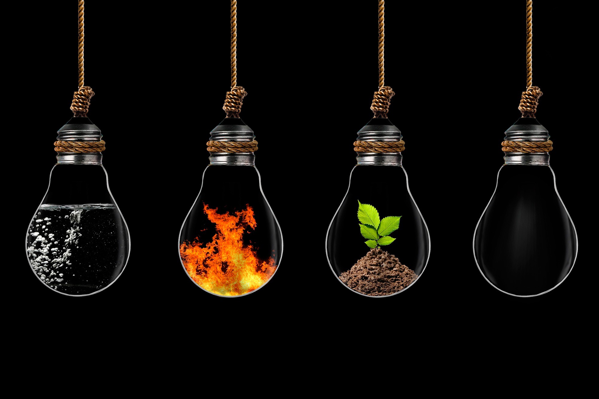 Digital Art Light Bulb Ropes Water Fire Plants Ground Black Background Four Elements 2000x1333