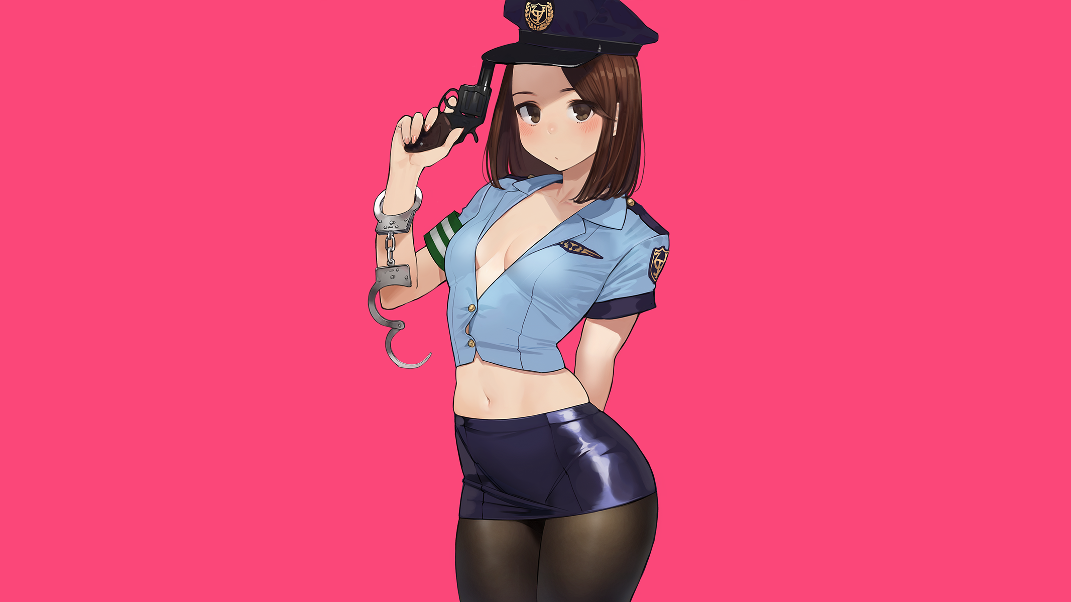 Miru Tights Anime Police Women Police Brunette Berets Brown Eyes Looking At Viewer Blushing Weapon G 2133x1200