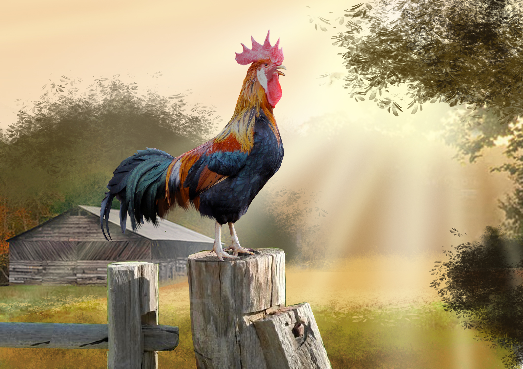 Rooster Bird Artistic Countryside Sunbeam Barn 2058x1452