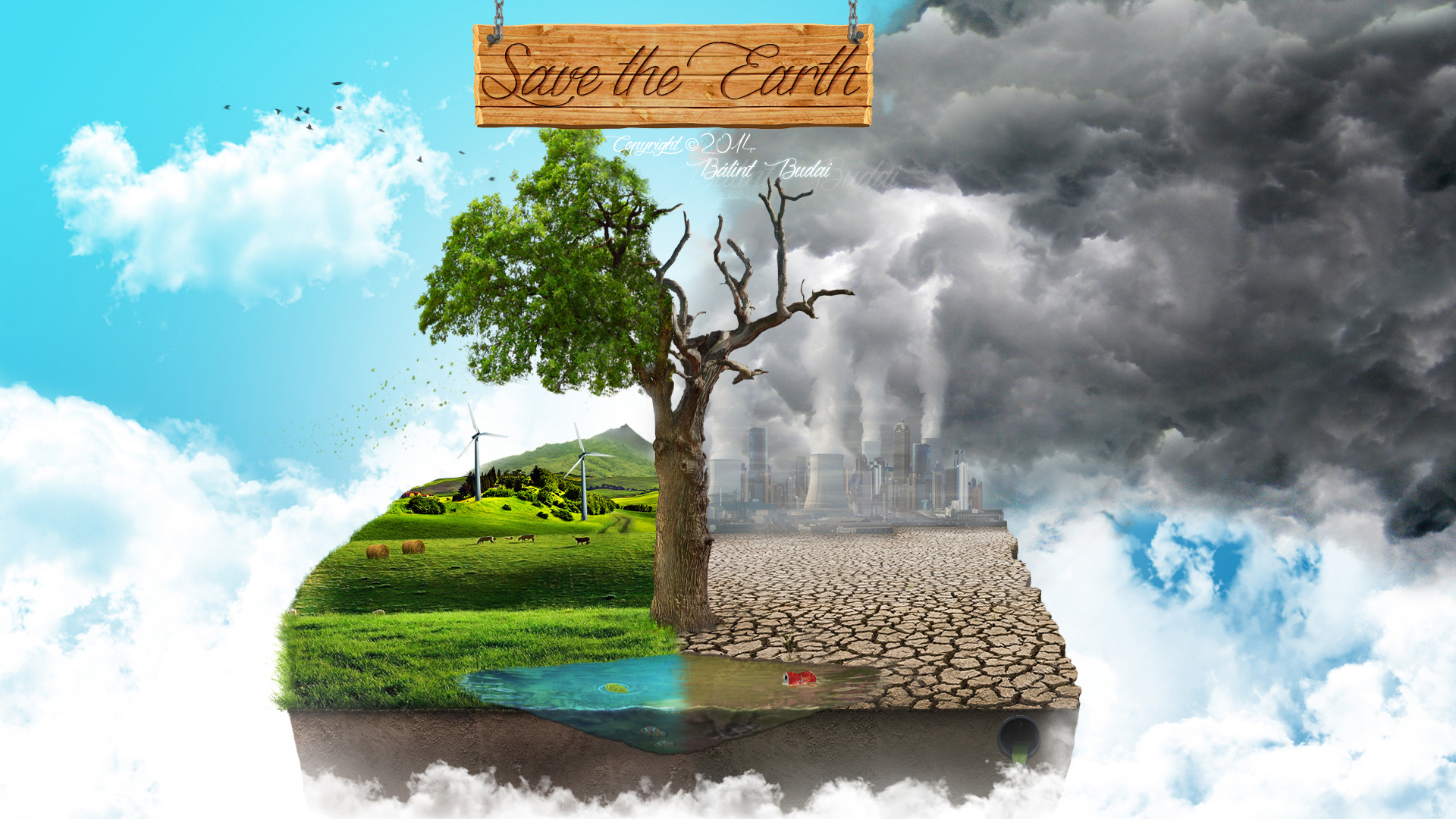 Environment Pollution Digital Art Artwork Nature Industrial Clouds Sky Blue Earth 2014 Year Balint B 1920x1080