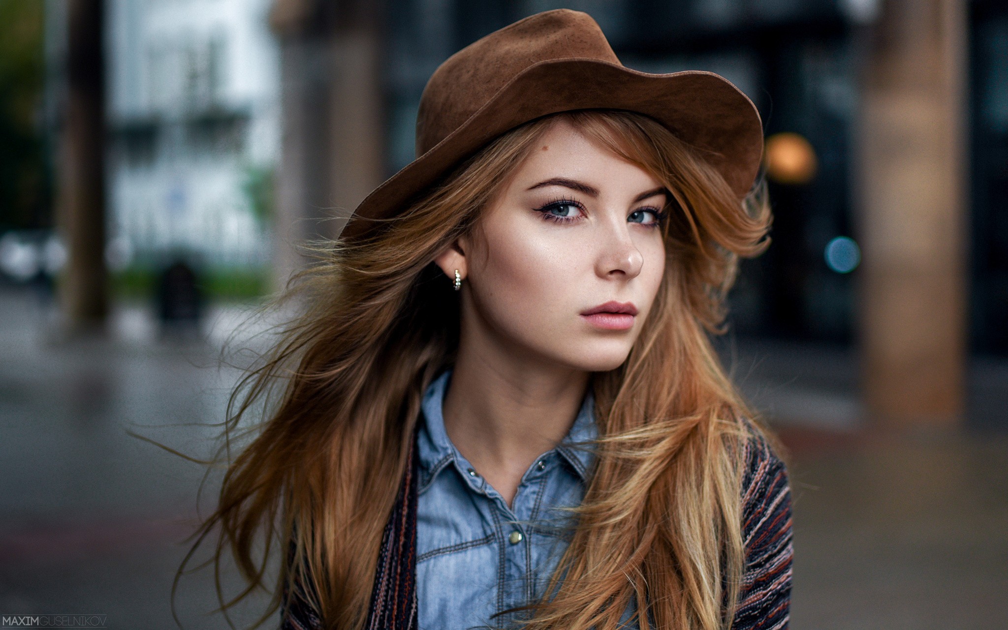 Women Model Blonde Face Portrait Hat Irina Popova Maxim Guselnikov 2048x1280