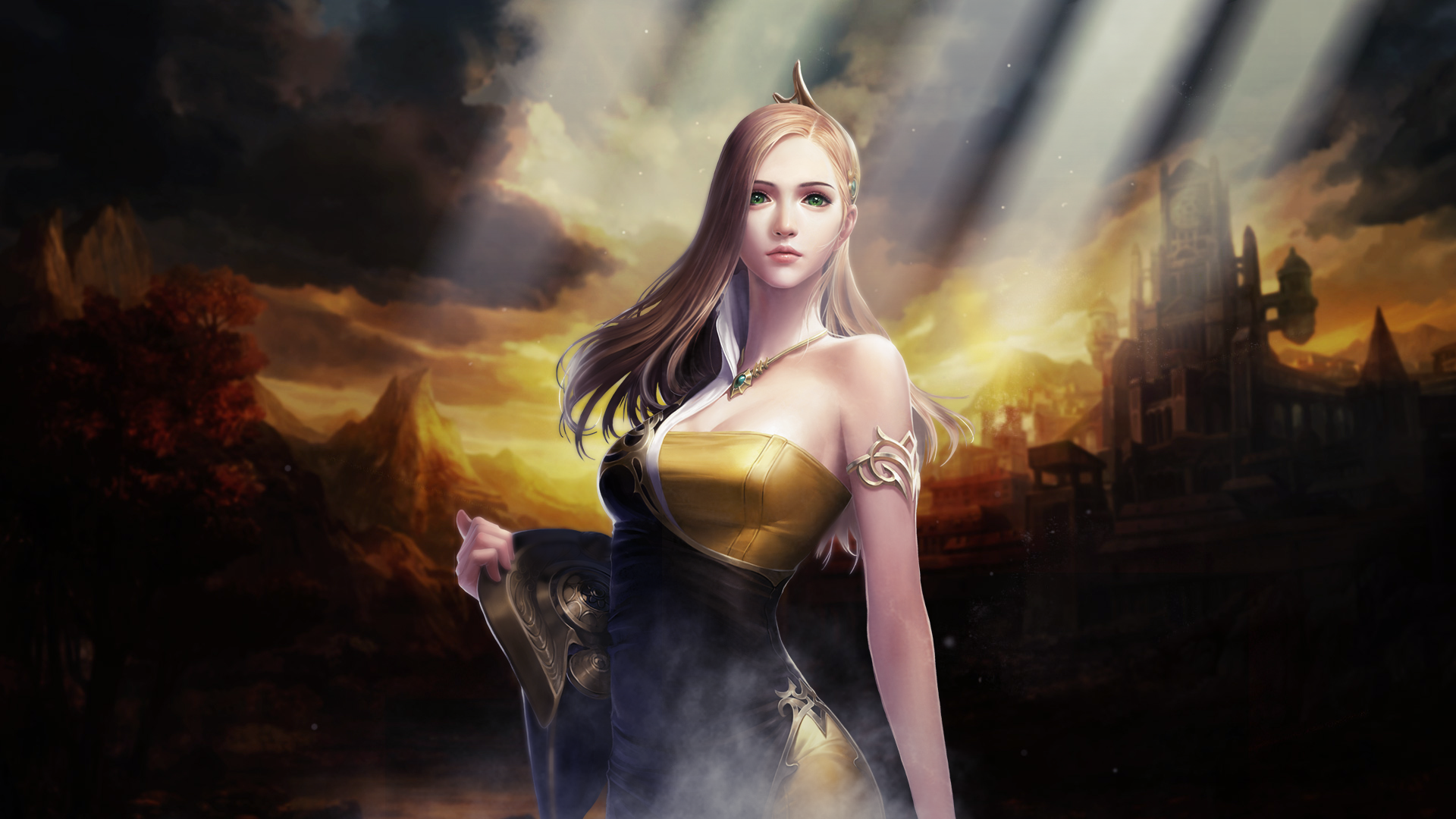 PC Gaming Video Games Mmorpg Cabal Cabal Ii Long Hair Blonde Green Eyes Women Dress Castle Mountains 1920x1080